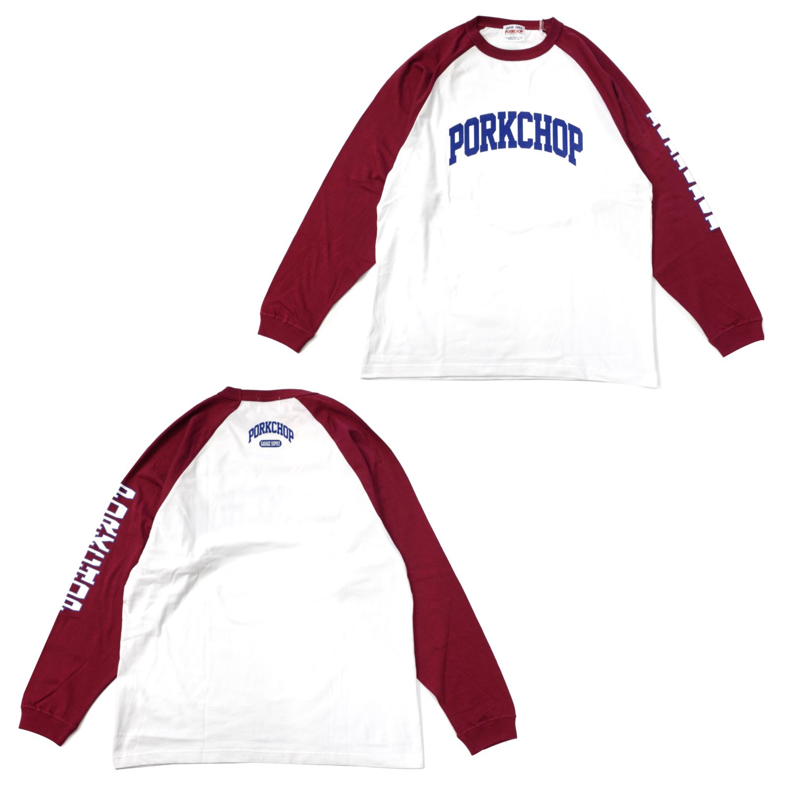 PORKCHOP - COLLEGE RAGLAN L/S TEE (WHITE×BURGUNDY) / カレッジ