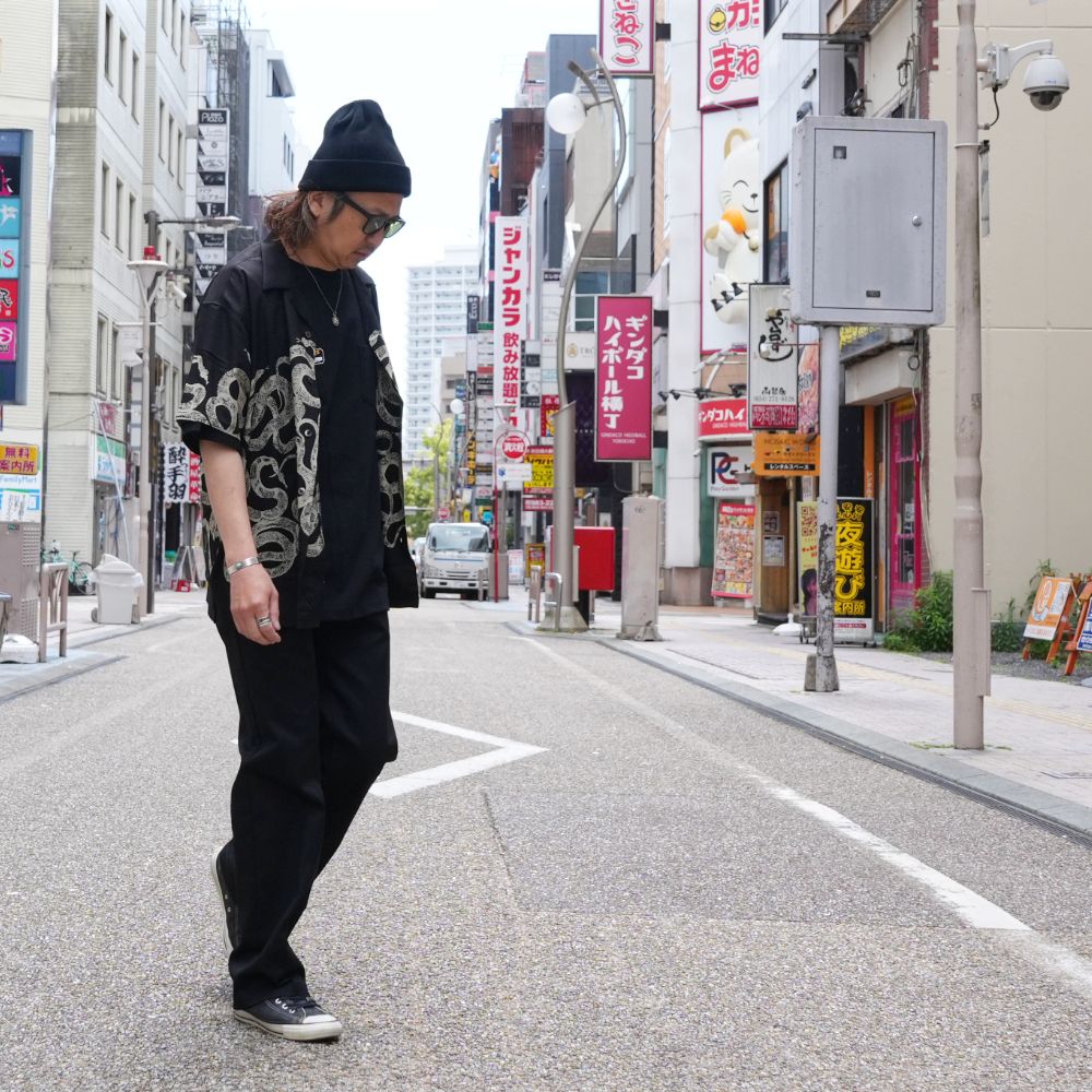 【ラスト1点】SNAKE PATTERN PANEL S/S SH (BLACK) / オリジナル スネークパターン オープンカラー シャツ