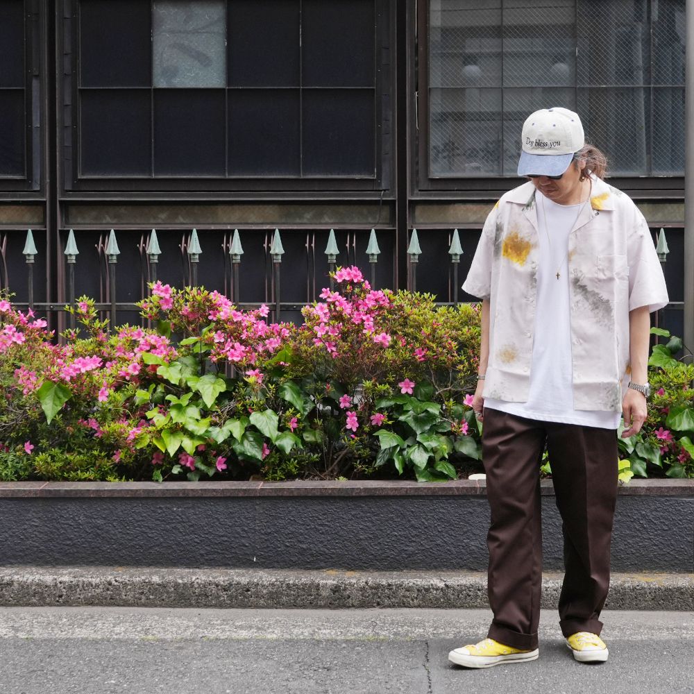 R9 PAINTED SS SHIRT (BEIGE) / オリジナル プリント オープンカラー シャツ