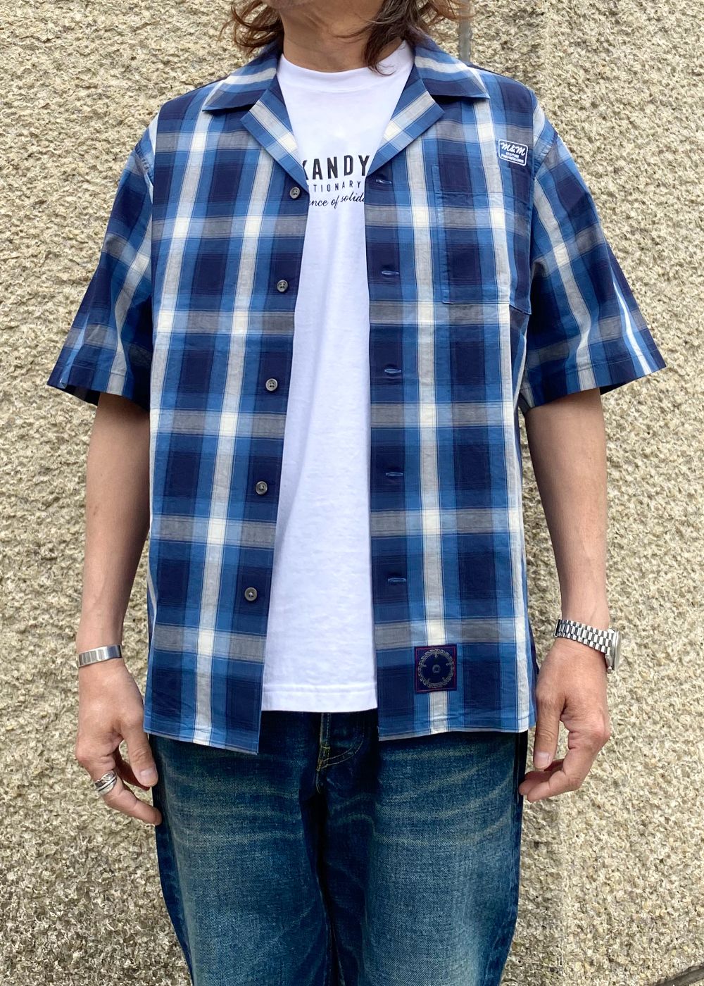 OPEN COLLAR S/S SHIRT (NAVY×OFF WHITE) / チェック オープン カラー シャツ
