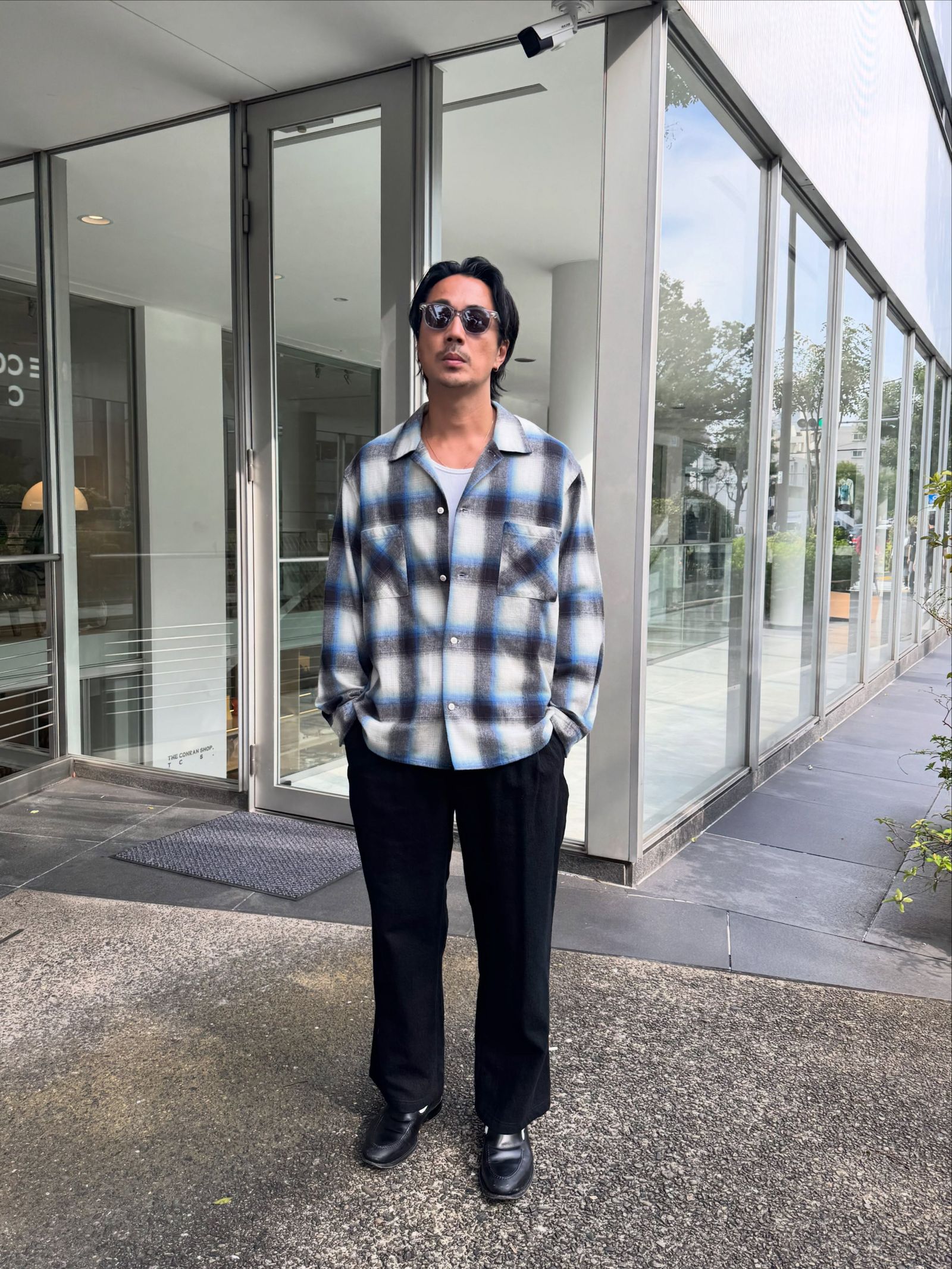【ラスト1点】R9 OMBRE CHECK SHIRT (BLUE) / オンブレチェック オープン カラー シャツ