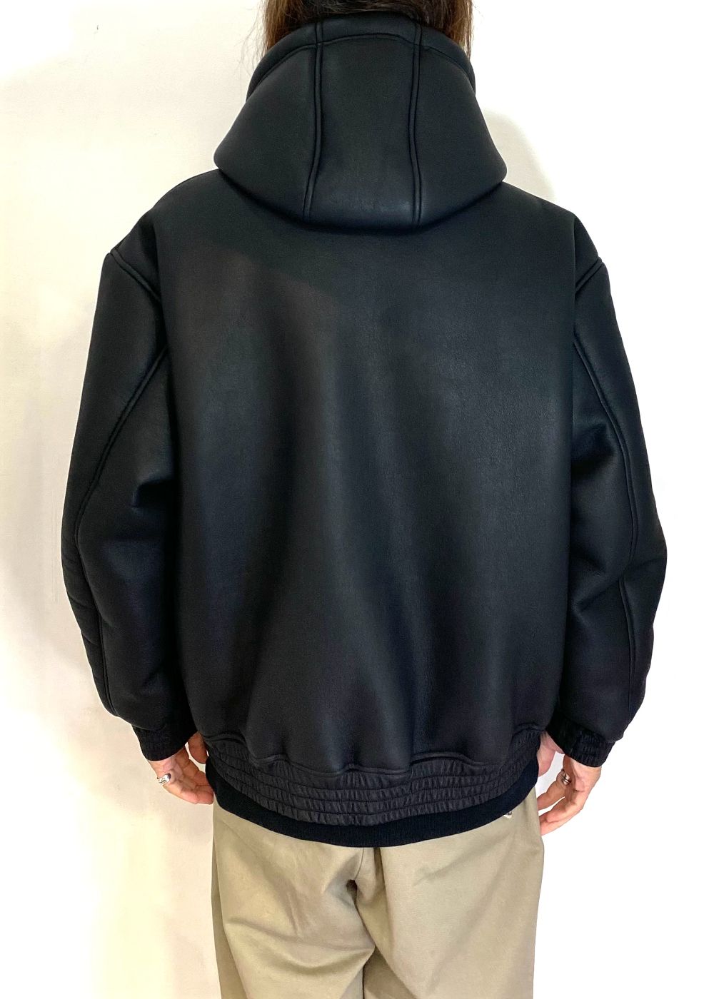 PU Leather Boa Hooded Jacket (BLACK) / フェイクレザー ボア フード ジャケット