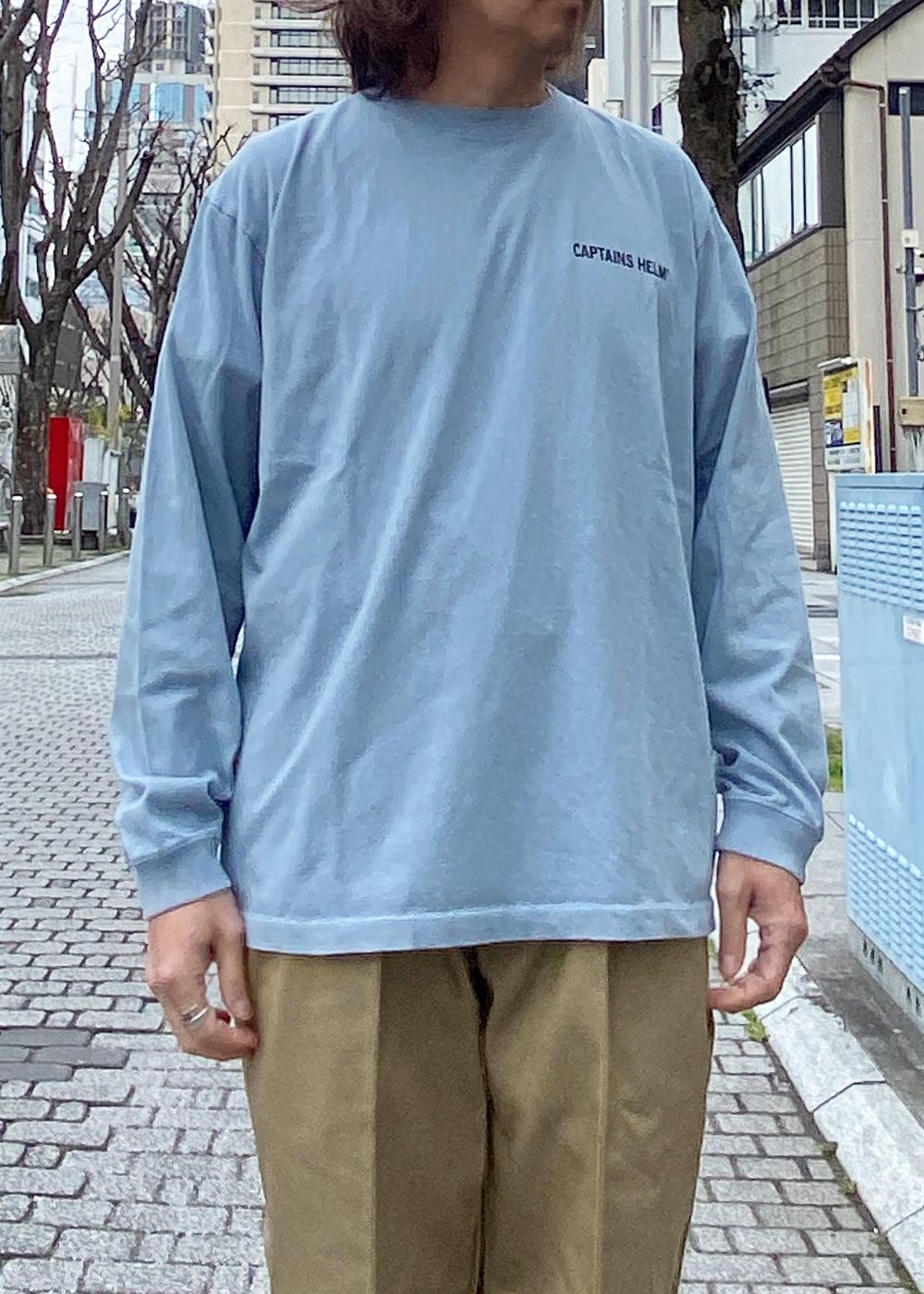 TRADEMARK LOGO LS TEE (LIGHT BLUE) / ロゴ プリント ロンT