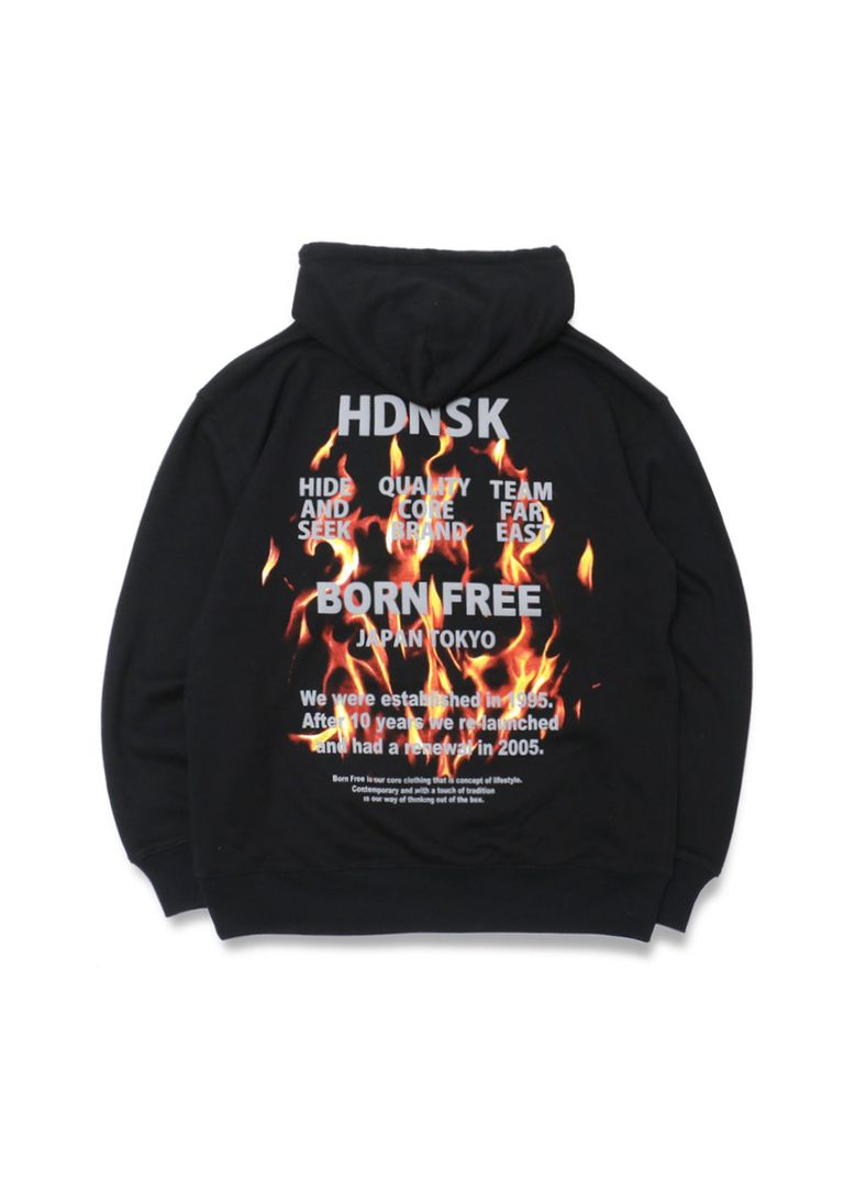 HIDE AND SEEK - FLAME HOODED SWEAT SHIRT (BLACK) / フレイム  