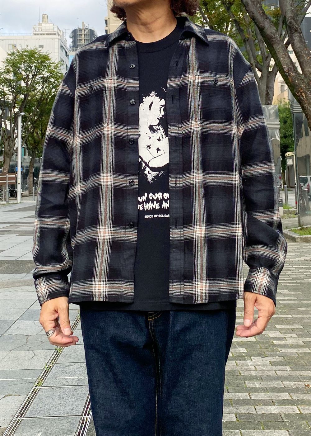 【ラスト1点】COTTON RAYON CHECK SHIRT (BLACK×BEIGE CHECK) / チェック コットンレーヨン ネルシャツ