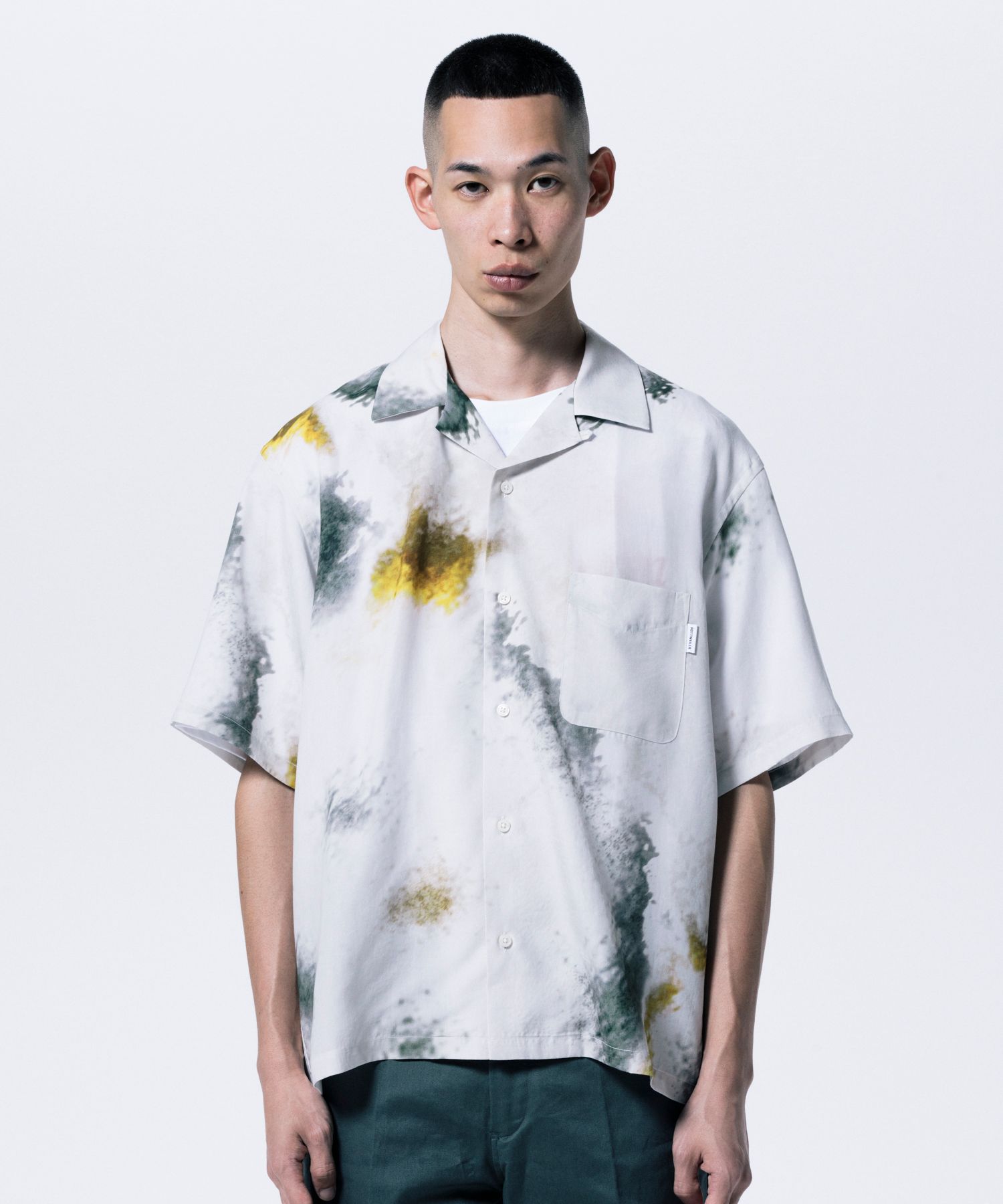 R9 PAINTED SS SHIRT (BEIGE) / オリジナル プリント オープンカラー シャツ