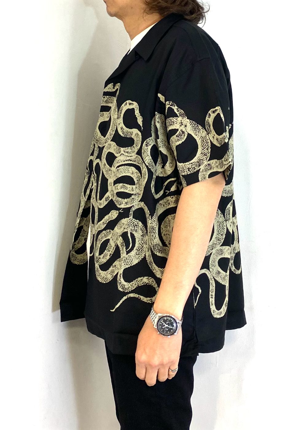 SNAKE PATTERN PANEL S/S SH (BLACK) / オリジナル スネークパターン オープンカラー シャツ