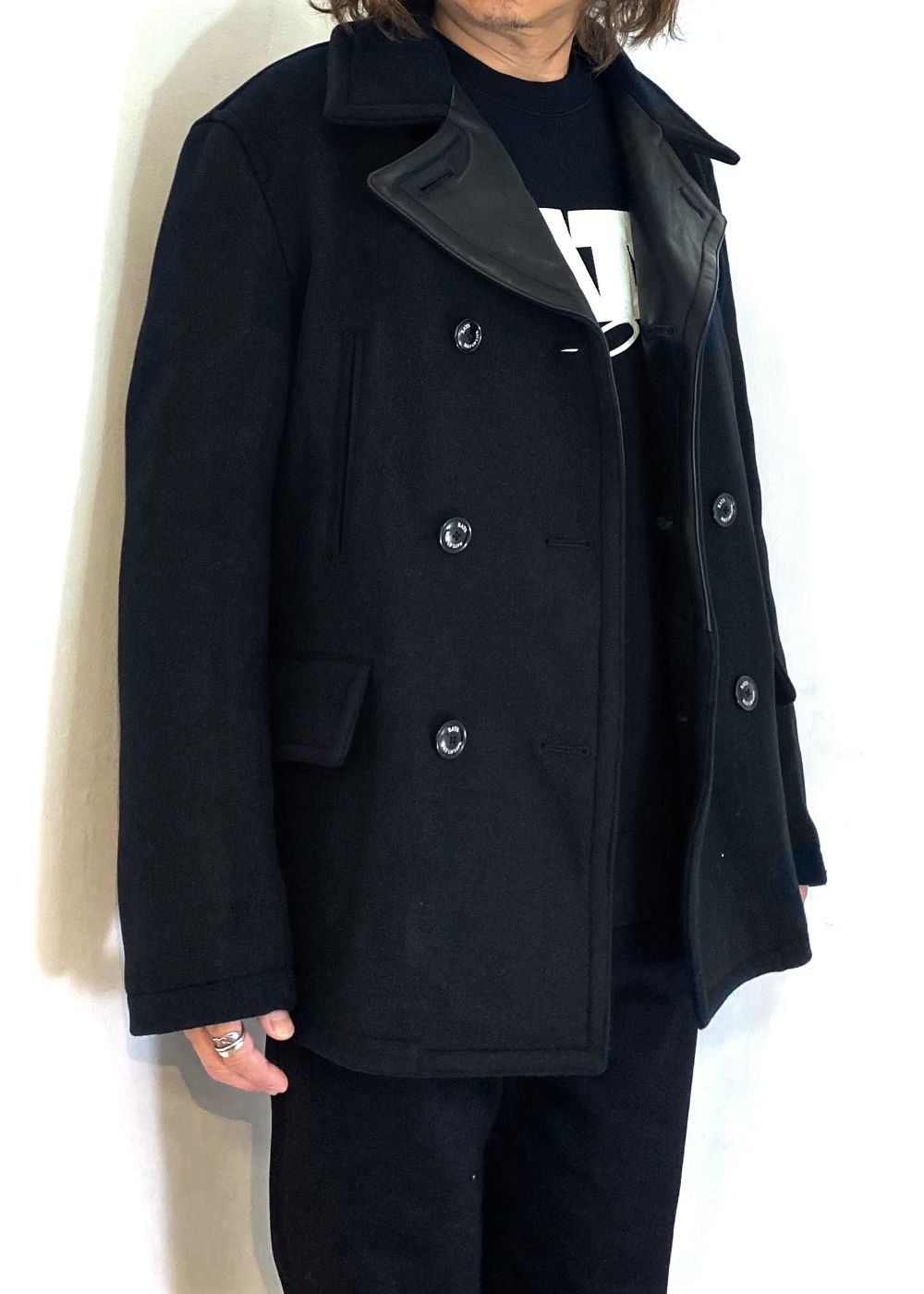 【ラスト1点】DOUBLE BREASTED WOOL JKT (BLACK) / 襟レザー ピーコート