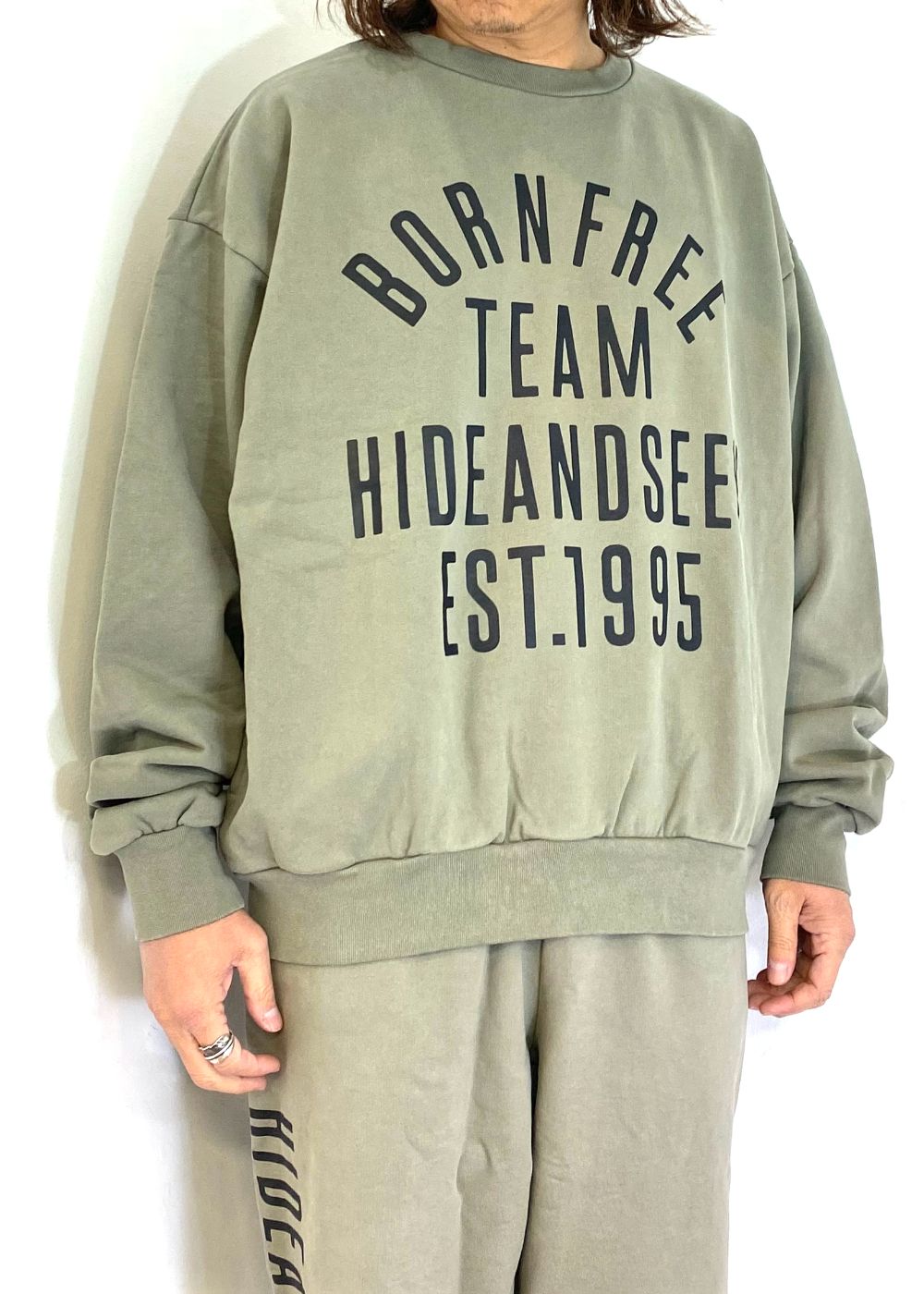 【ラスト1点】College Sweat Shirt (OLIVE DRAB) / オリジナル セットアップ クルーネック スウェット / セットアップ可能