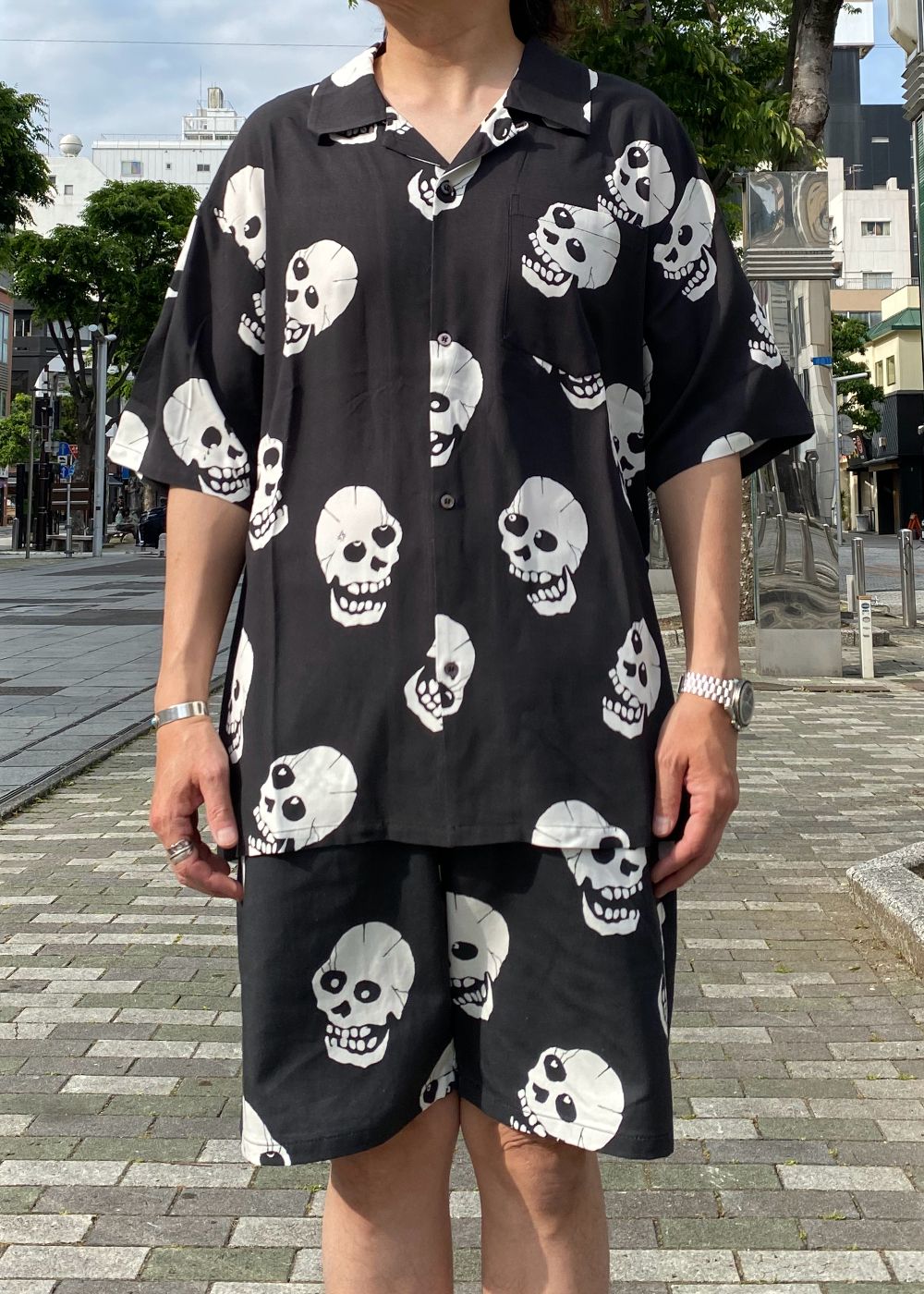 Skull patterned s/s shirt (BLACK) / セットアップ スカル シャツ