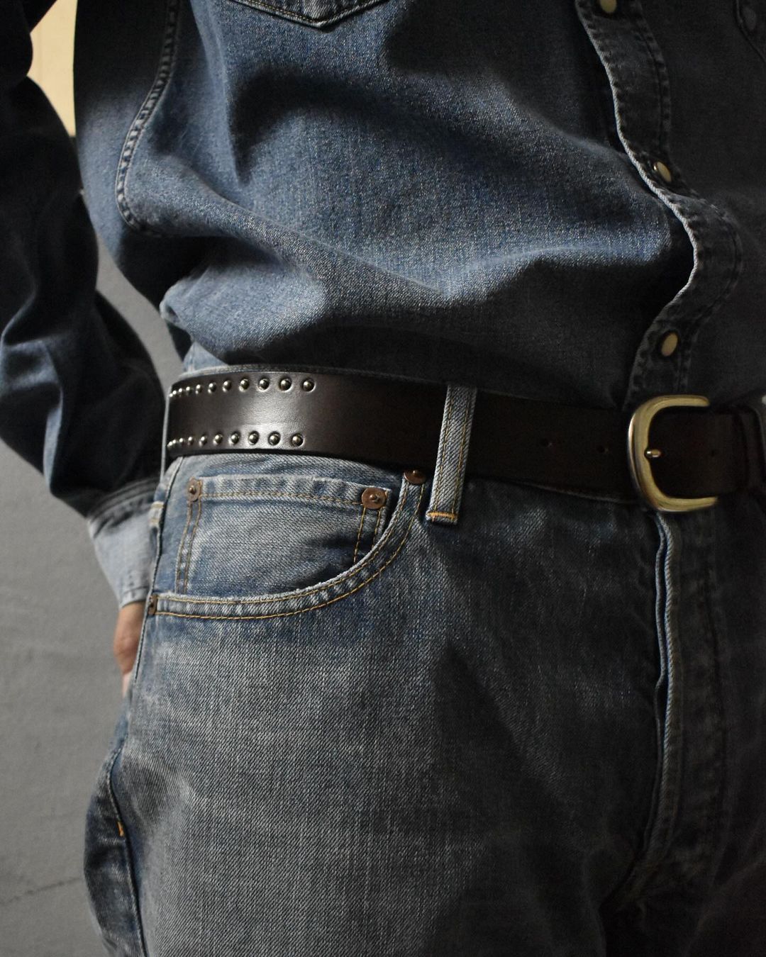 MINEDENIM - Double Studs Leather Belt (BLK) / ダブル スタッズ レザー ベルト | LOOPHOLE