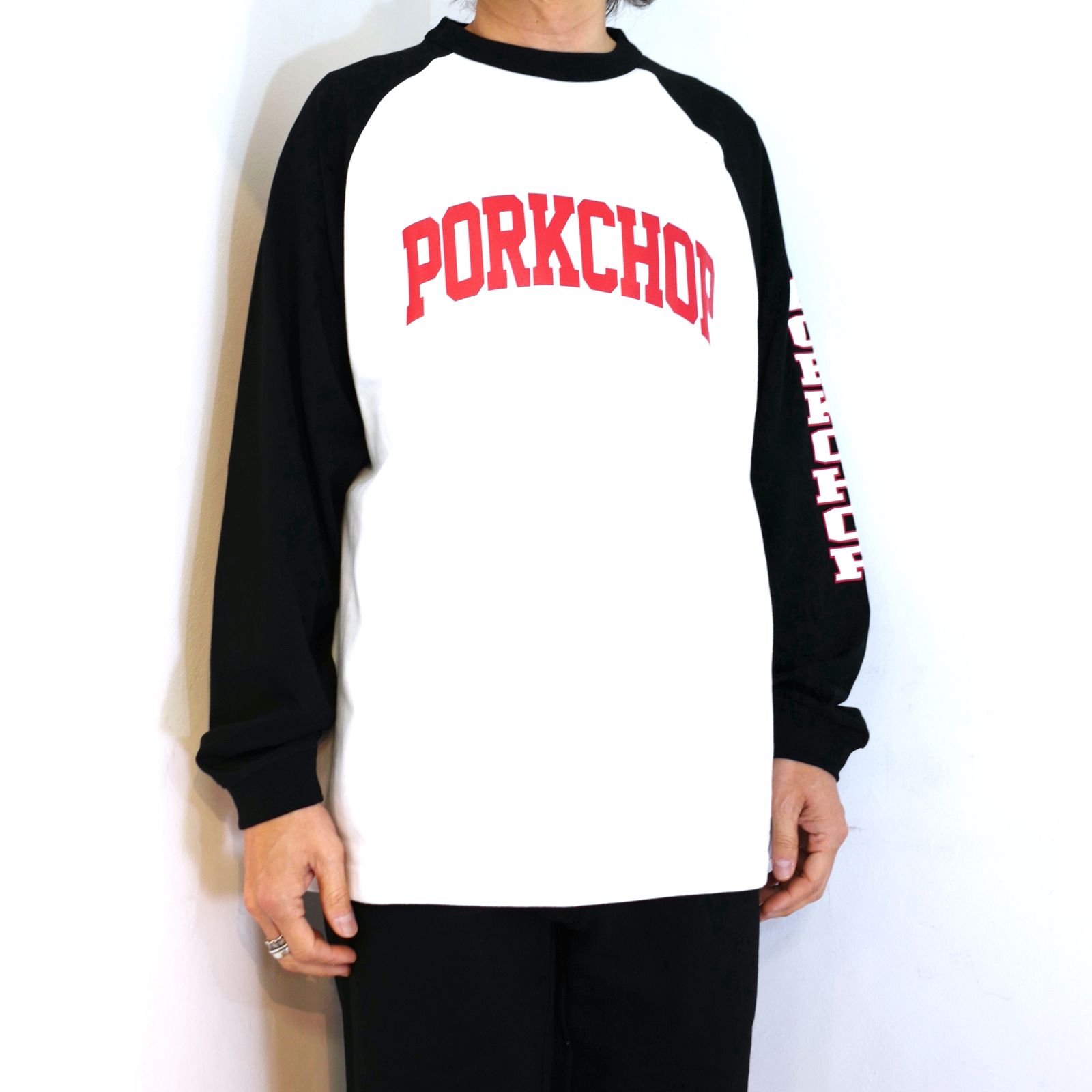 PORKCHOP - COLLEGE RAGLAN L/S TEE (WHITE×BLACK) / カレッジ