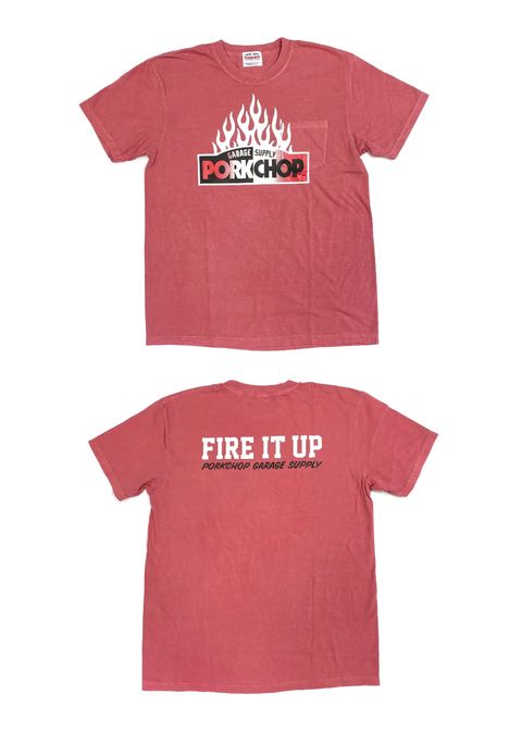FIRE BLOCK POCKET TEE (CRIMSON RED) / ロゴ プリント ポケットTシャツ