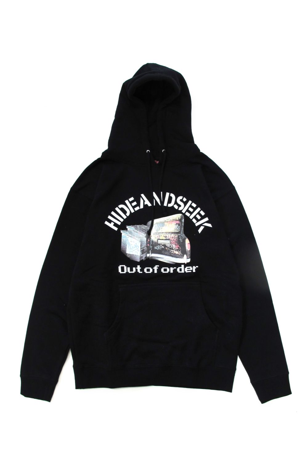 HIDE AND SEEK - OUT OF ORDER HOODED SWEAT SHIRT (BLACK) / アウト