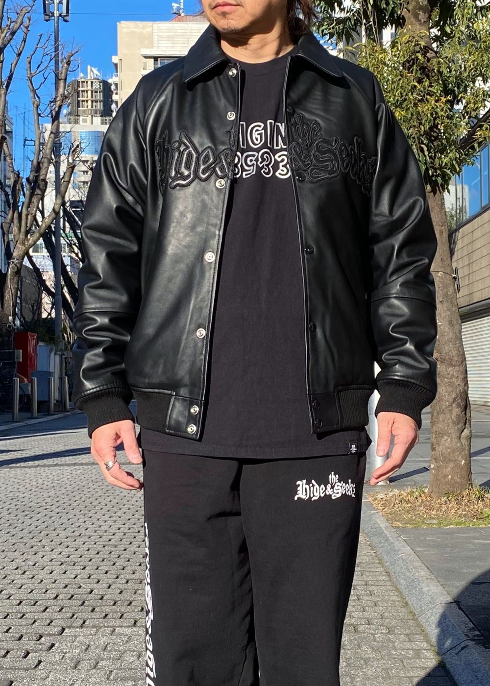 Leather Varsity Jacket (BLACK/BLACK) / 西浦徹 コラボ レザー ジャケット