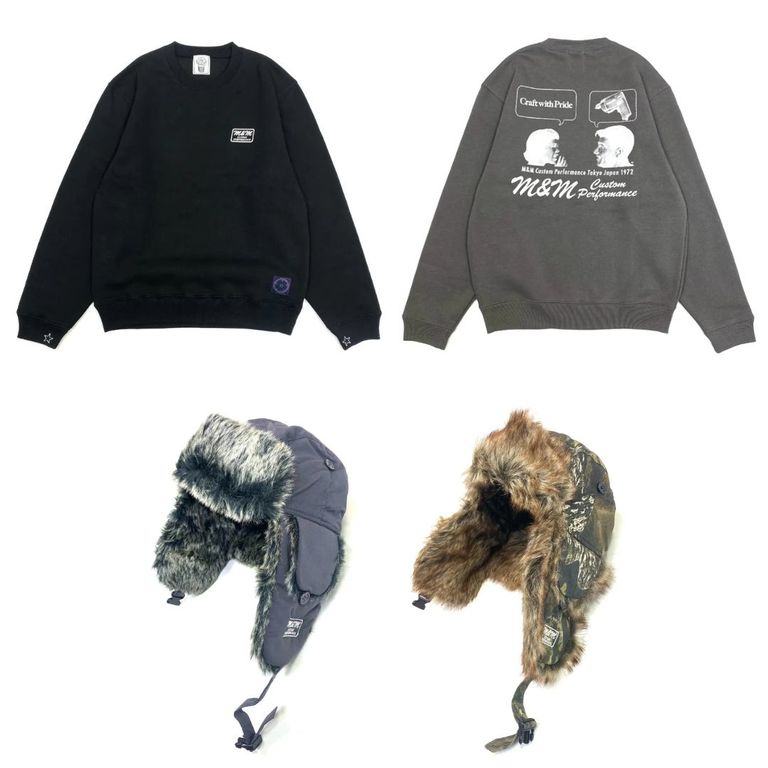 M&M 新作販売告知 / バックプリントが目を引くスウェット&防寒フライトキャップ。