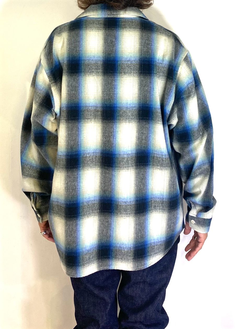 【ラスト1点】R9 OMBRE CHECK SHIRT (BLUE) / オンブレチェック オープン カラー シャツ