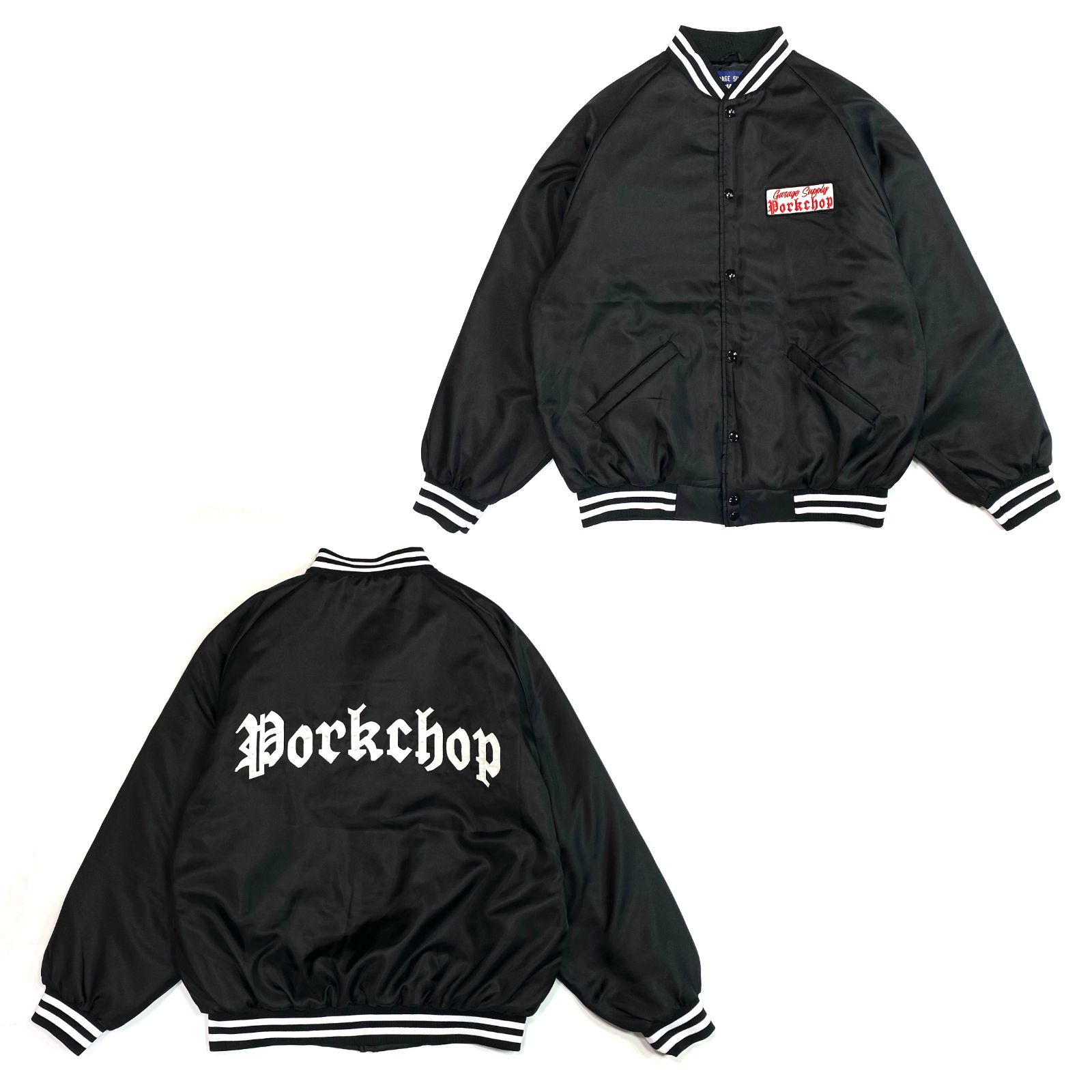 PORKCHOP - SATIN SPORT JKT (BLACK) / オリジナル サテン スタジャン