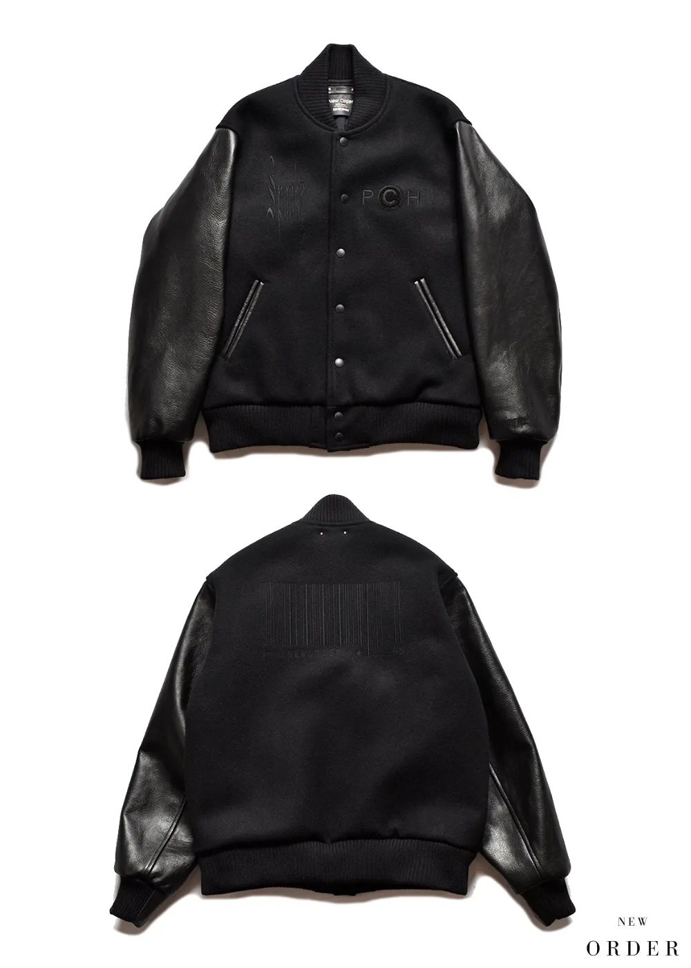 New Order “Republic” Wool Melton & Leather Varsity JKT (BLACK) / ニューオーダー コラボ スタジャン
