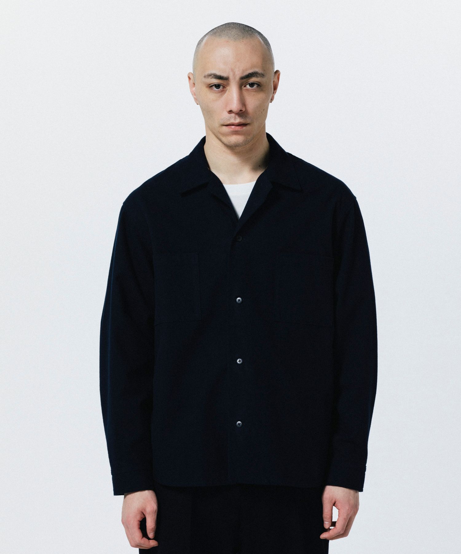 R9 OPEN COLLAR SHIRT (NAVY) / コットン スウェード オープン カラー シャツ