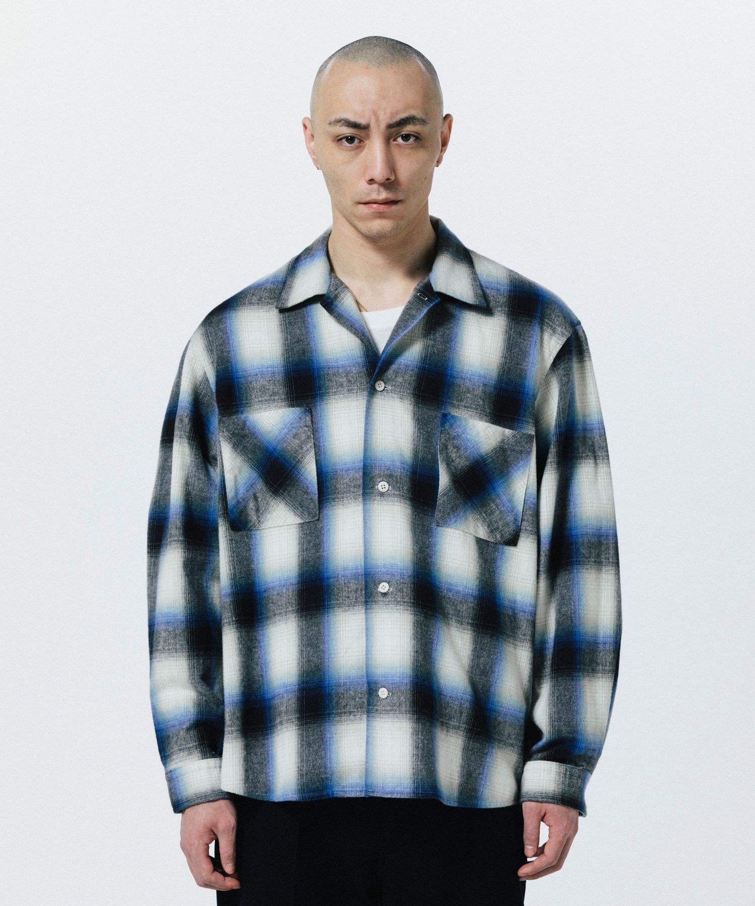R9 OMBRE CHECK SHIRT (BLUE) / オンブレチェック オープン カラー シャツ
