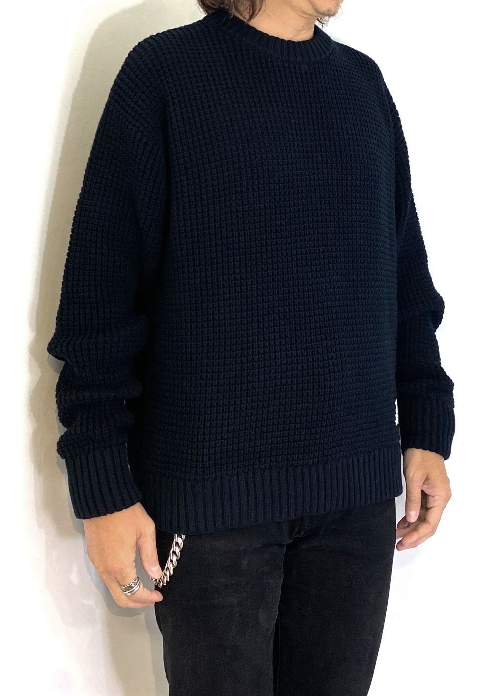 Heavy Waffle Knit Sweater (BLACK) / ヘビーワッフル コットン ニット セーター