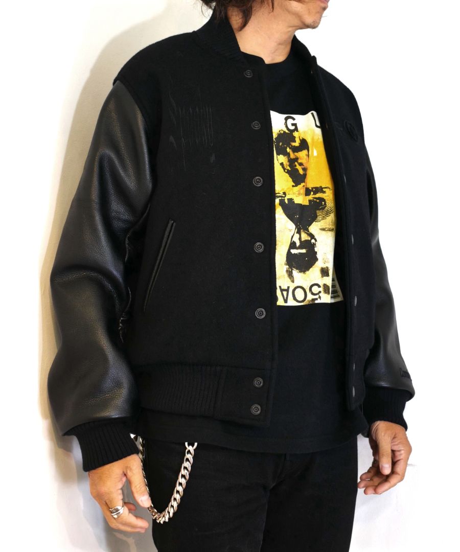 MINEDENIM - New Order “Republic” Wool Melton & Leather Varsity JKT (BLACK)  / ニューオーダー コラボ スタジャン | LOOPHOLE