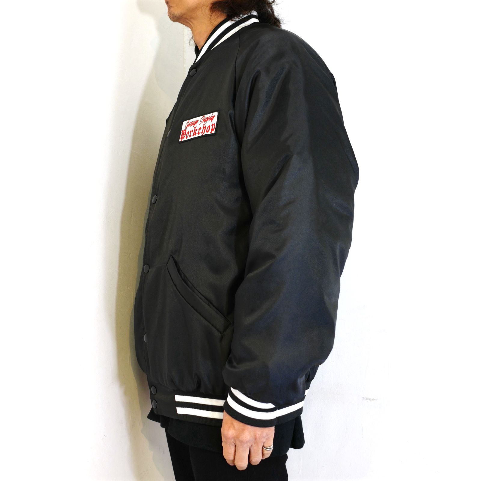 PORKCHOP - SATIN SPORT JKT (BLACK) / オリジナル サテン スタジャン