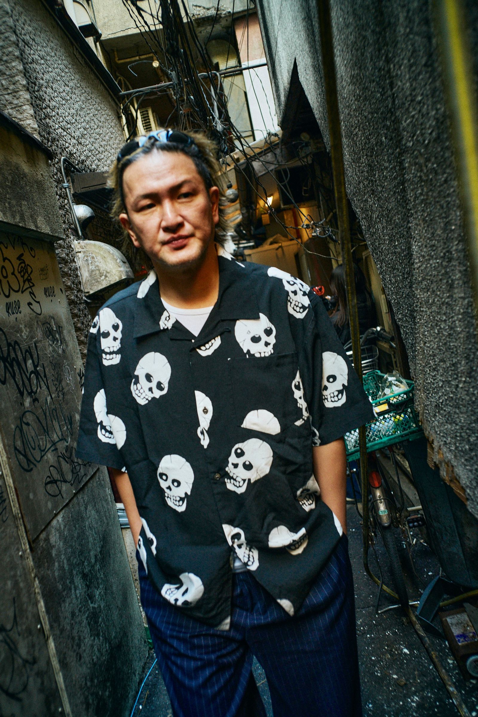 Skull patterned s/s shirt (BLACK) / セットアップ スカル シャツ