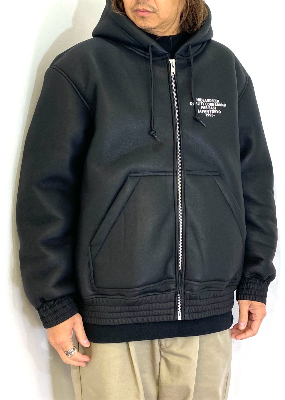 PU Leather Boa Hooded Jacket (BLACK) / フェイクレザー ボア フード ジャケット