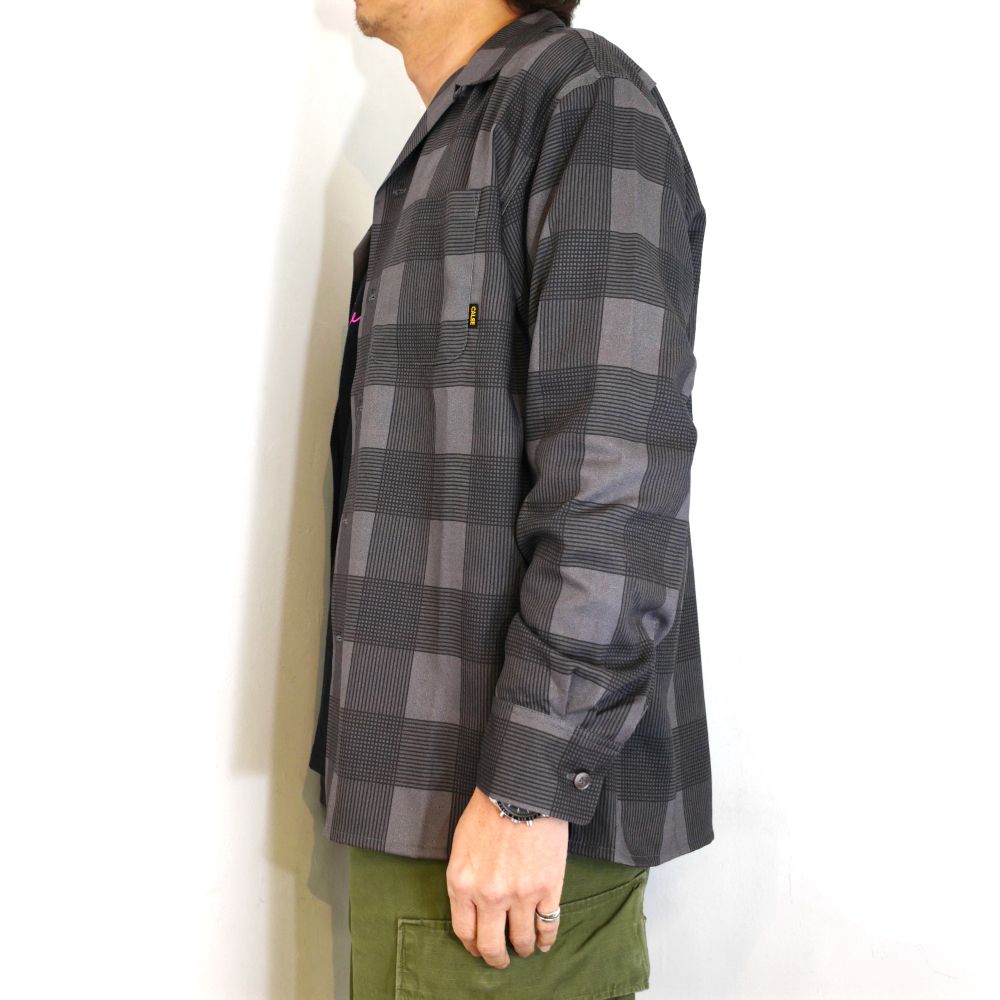 CALEE - RAYON CHECK OPEN COLLAR L/S SH (BLACK) / レーヨン チェック 