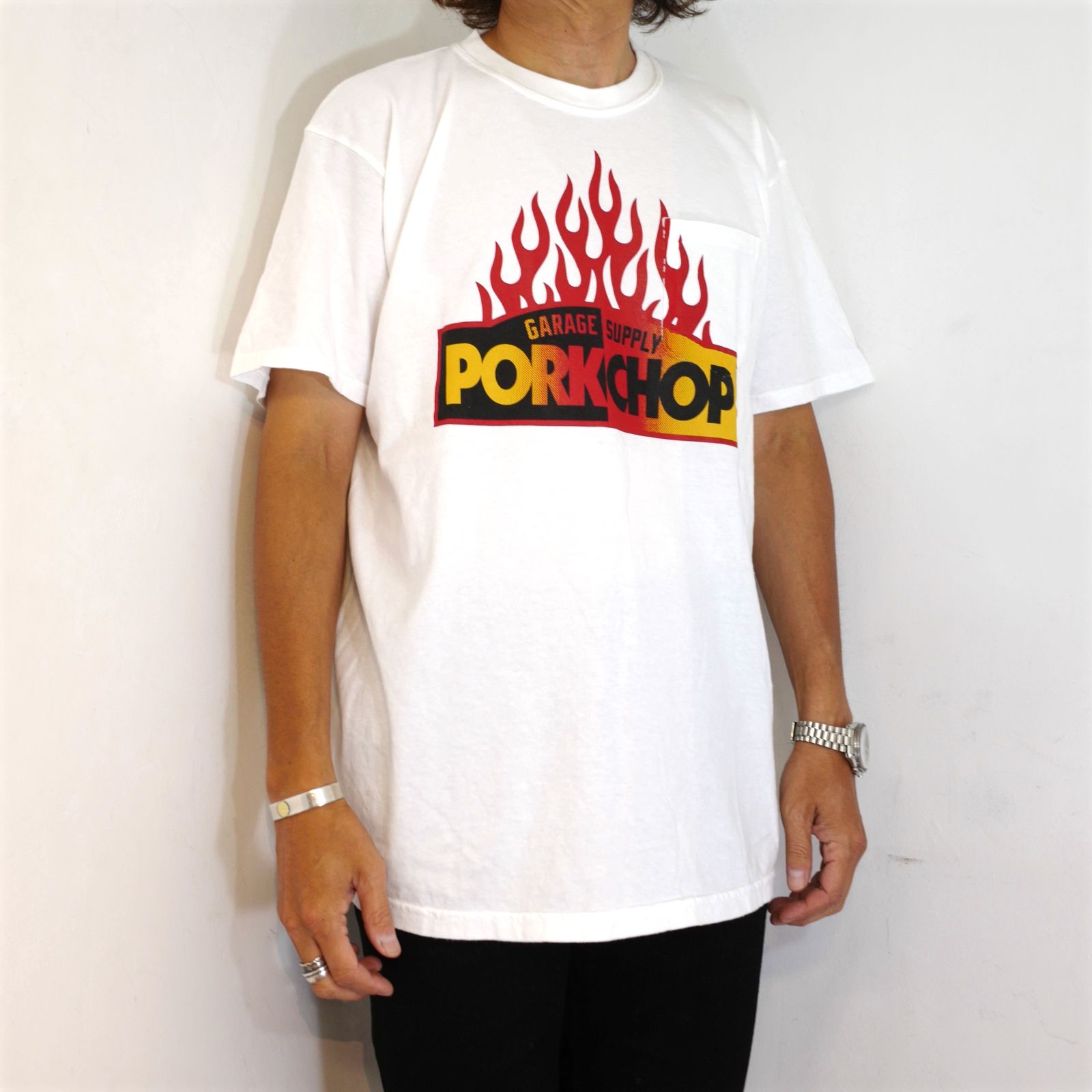 FIRE BLOCK POCKET TEE (WHITE) / ロゴ プリント ポケットTシャツ