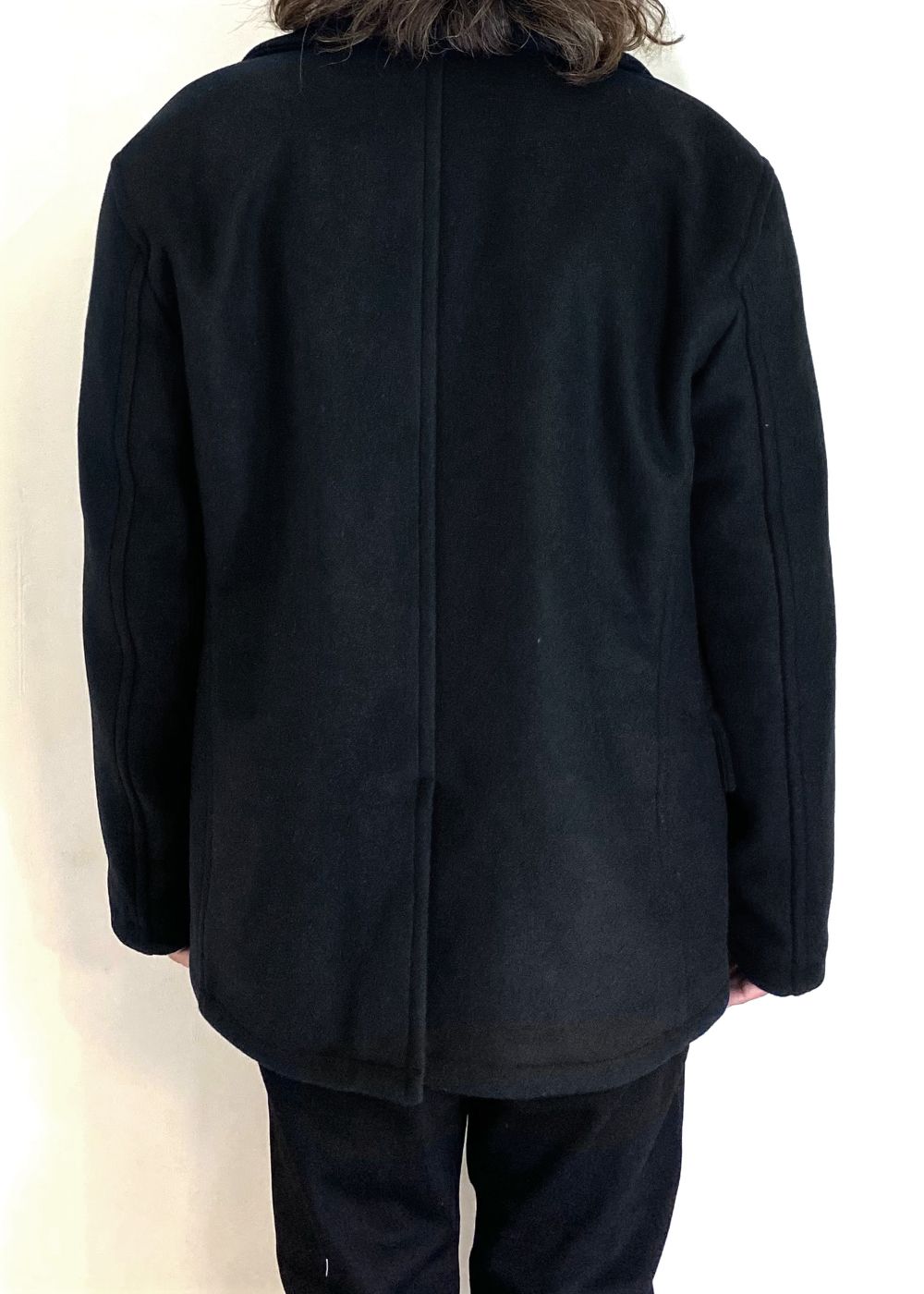 【ラスト1点】DOUBLE BREASTED WOOL JKT (BLACK) / 襟レザー ピーコート