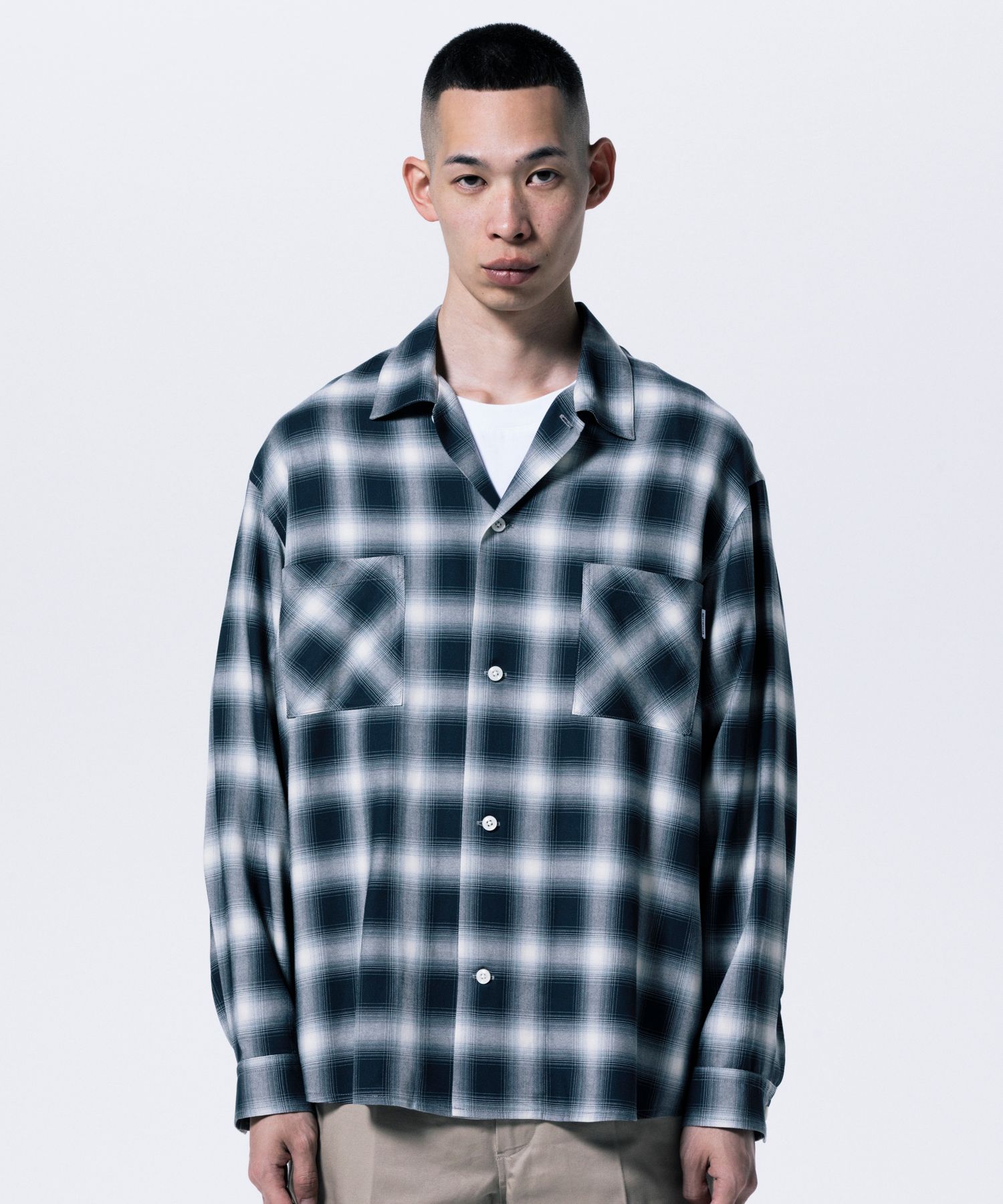R9 OMBRE CHECK SHIRT (BLACK) / オンブレチェック オープン カラー シャツ