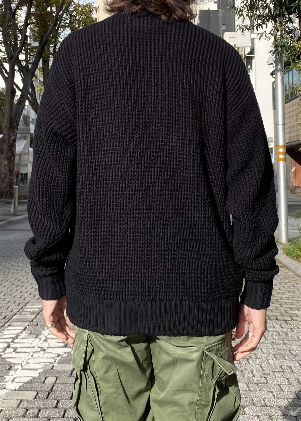 Heavy Waffle Knit Sweater (BLACK) / ヘビーワッフル コットン ニット セーター