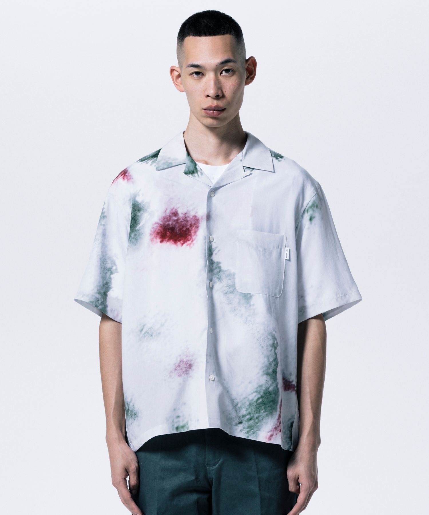 R9 PAINTED SS SHIRT (GRAY) / オリジナル プリント オープンカラー シャツ