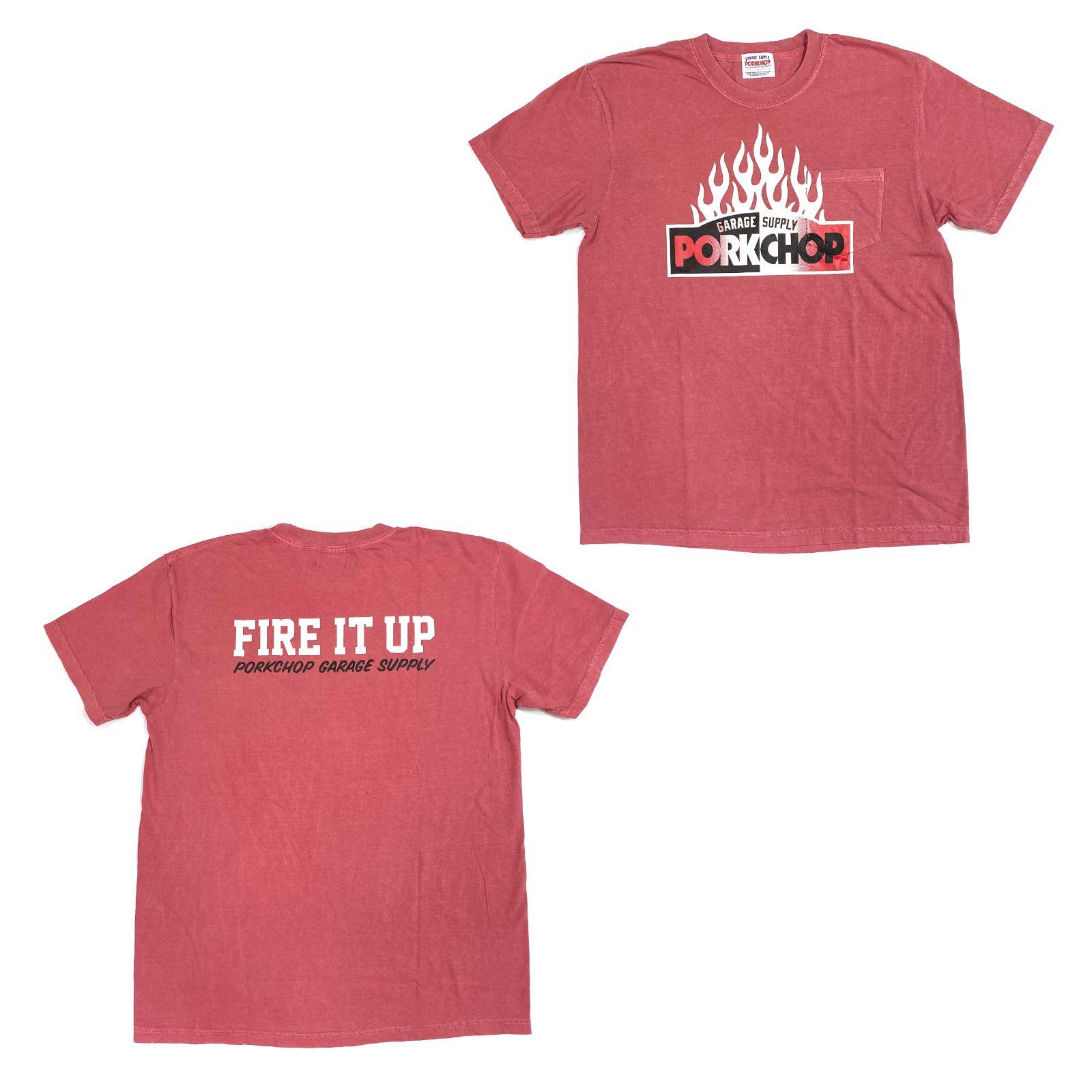 PORKCHOP - FIRE BLOCK POCKET TEE (CRIMSON RED) / ロゴ プリント