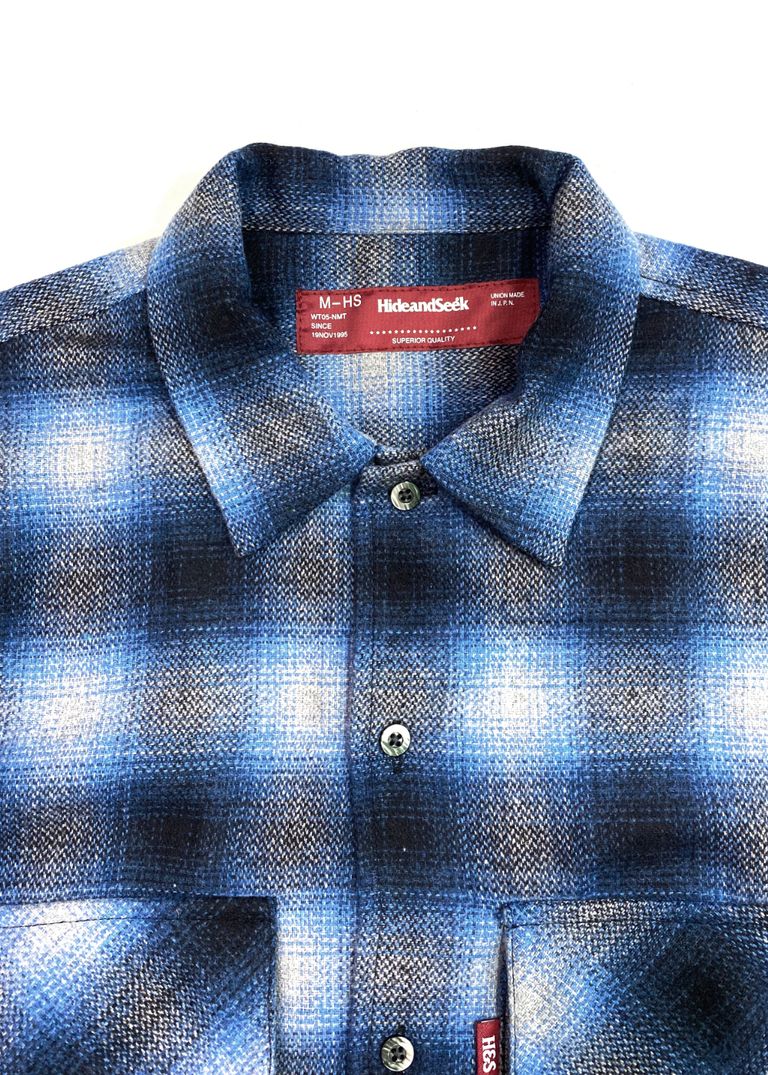 HIDE AND SEEK - WOOL OMBRE CHECK L/S SHIRT (BLUE) / ウール 