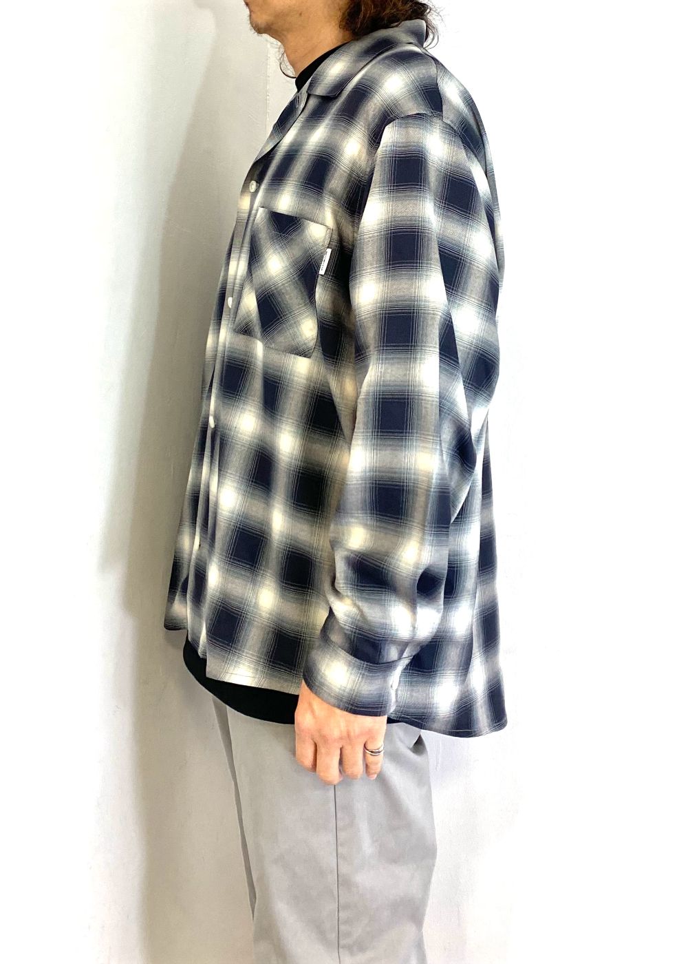 R9 OMBRE CHECK SHIRT (BLACK) / オンブレチェック オープン カラー シャツ