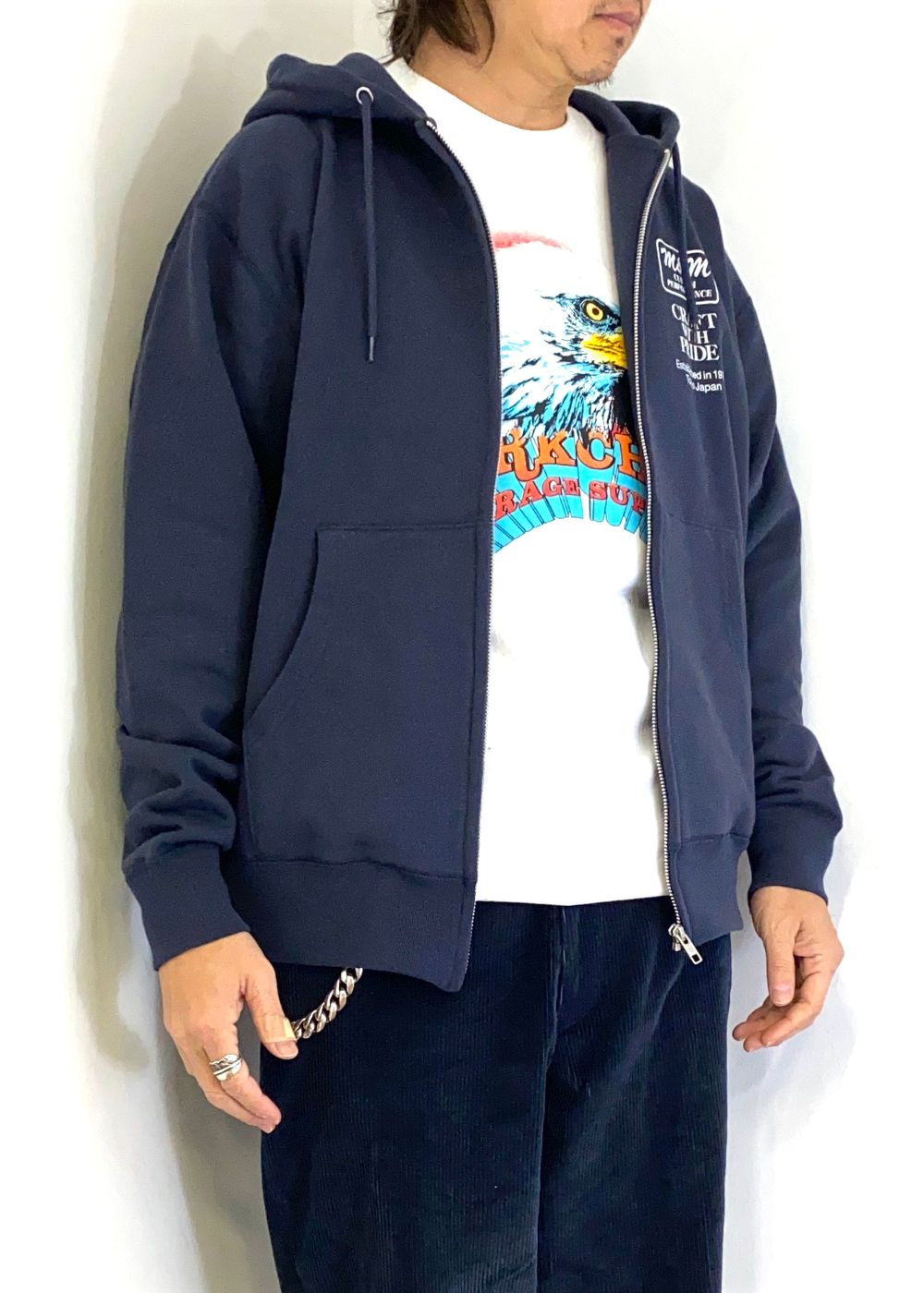 ZIP HOODIE (NAVY) / プリント スウェット ジップ パーカー