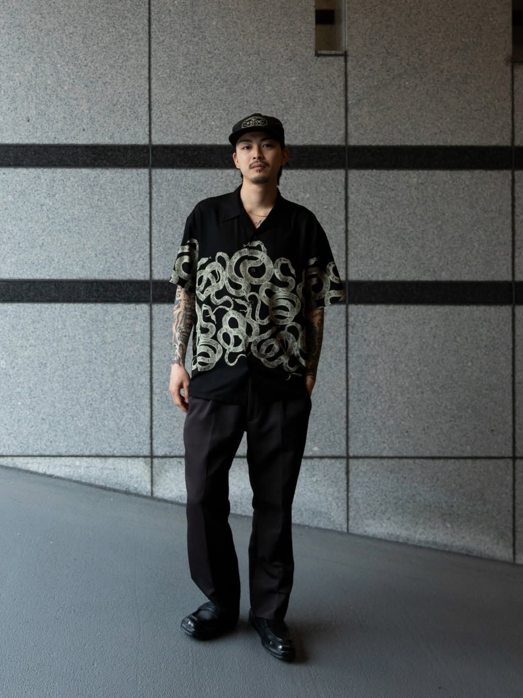 SNAKE PATTERN PANEL S/S SH (BLACK) / オリジナル スネークパターン オープンカラー シャツ