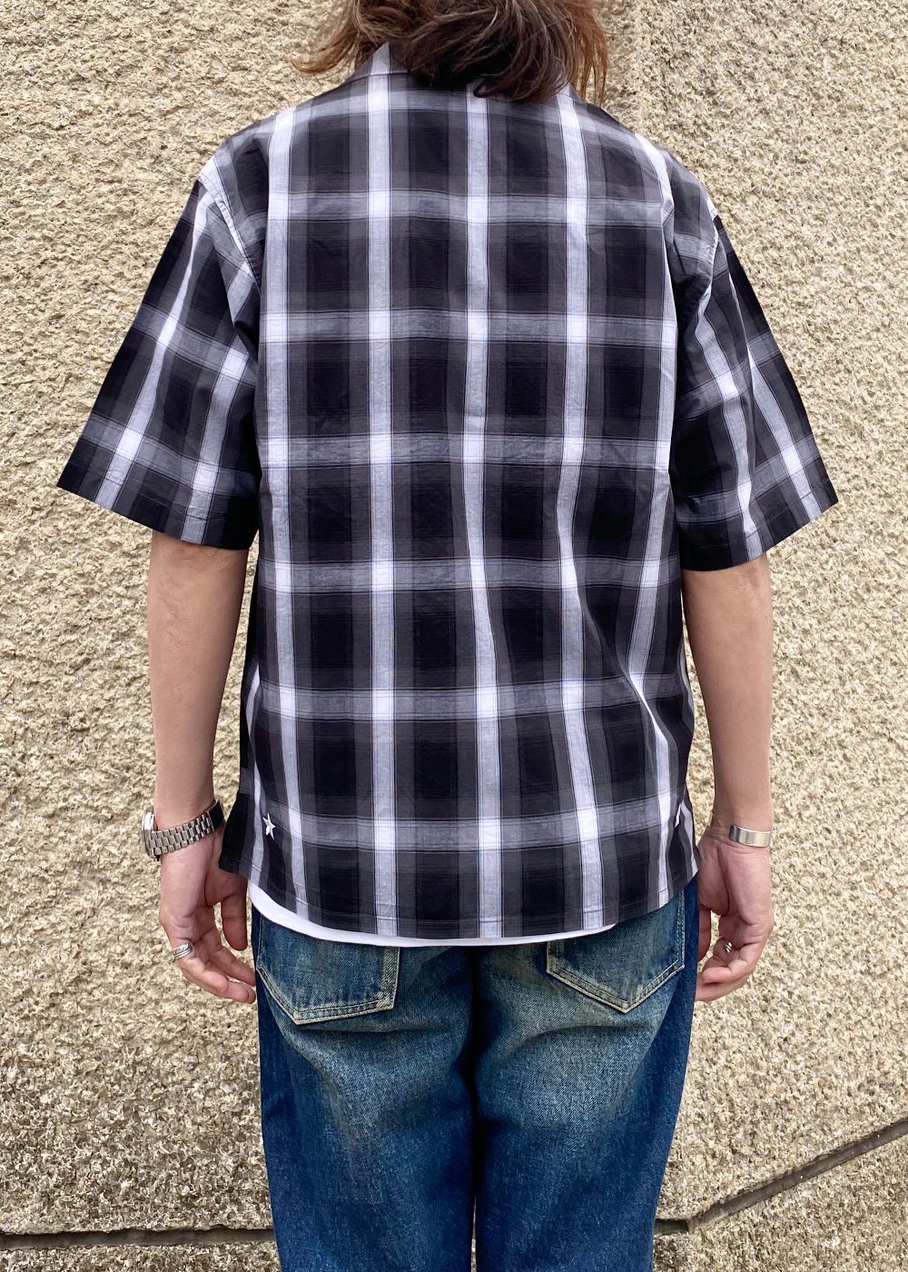 OPEN COLLAR S/S SHIRT (BLACK×WHITE) / チェック オープン カラー シャツ