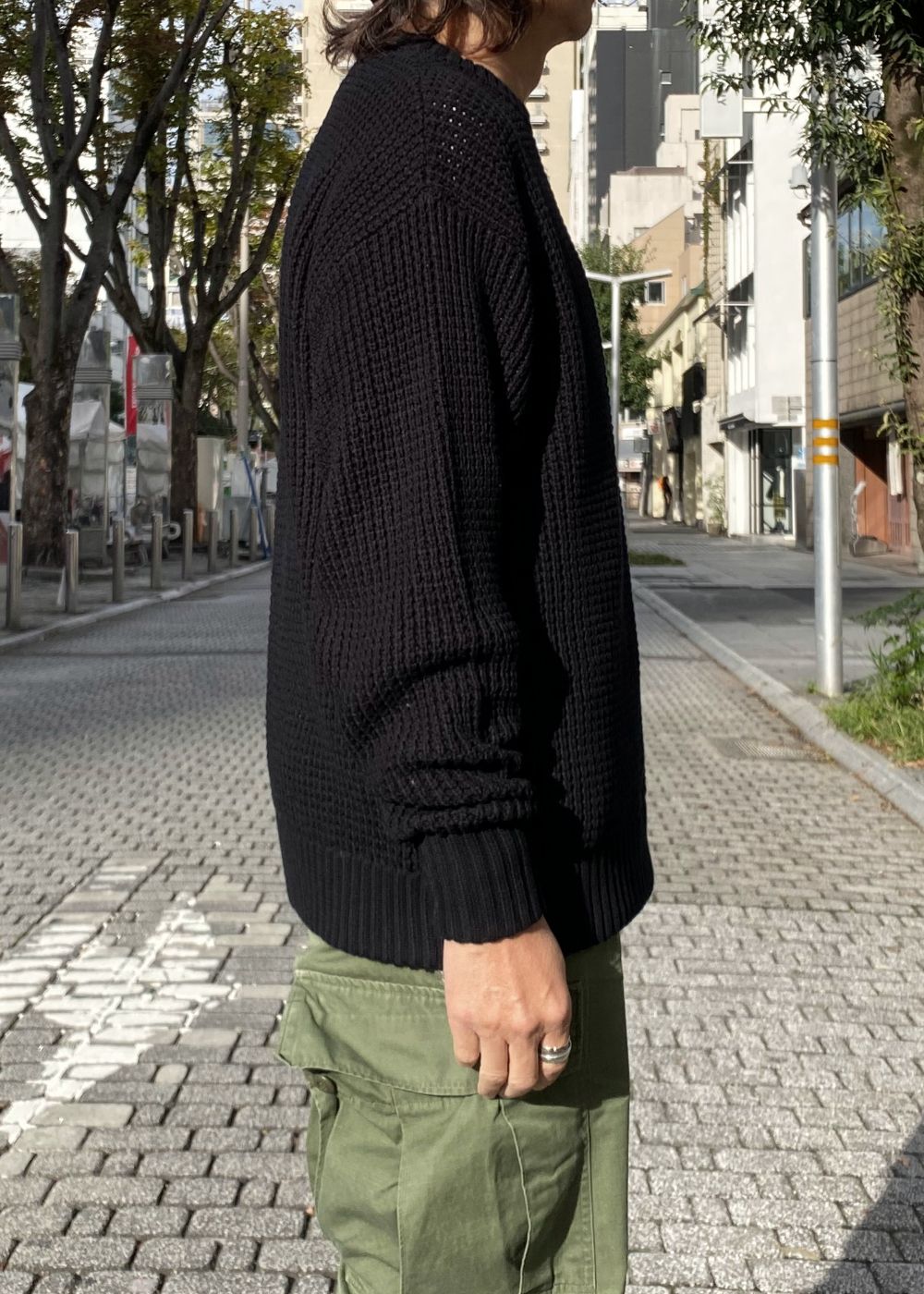 Heavy Waffle Knit Sweater (BLACK) / ヘビーワッフル コットン ニット セーター