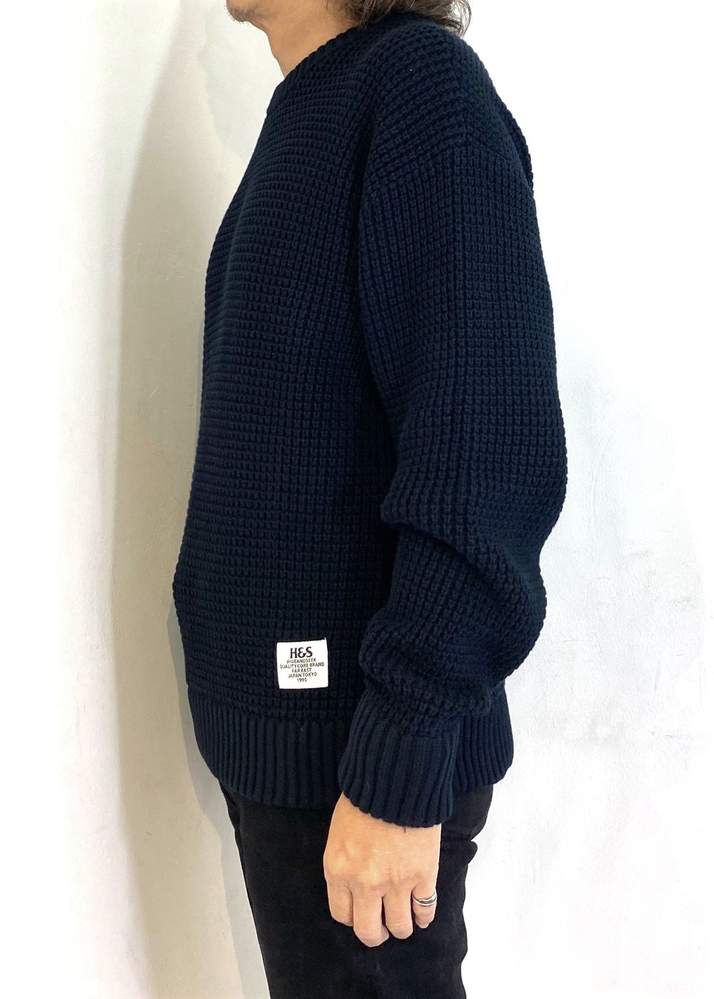 Heavy Waffle Knit Sweater (BLACK) / ヘビーワッフル コットン ニット セーター