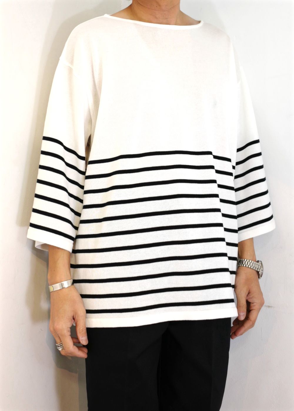 KNITTED BASQUE SHIRT "ERNEST" (WHITE) / サマーニット バスクシャツ