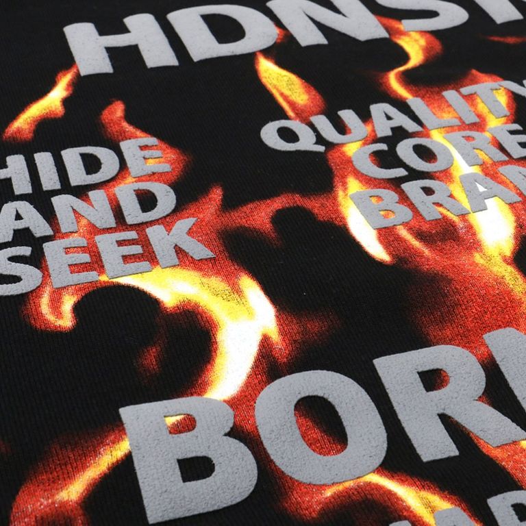 HIDE AND SEEK - FLAME HOODED SWEAT SHIRT (BLACK) / フレイム 