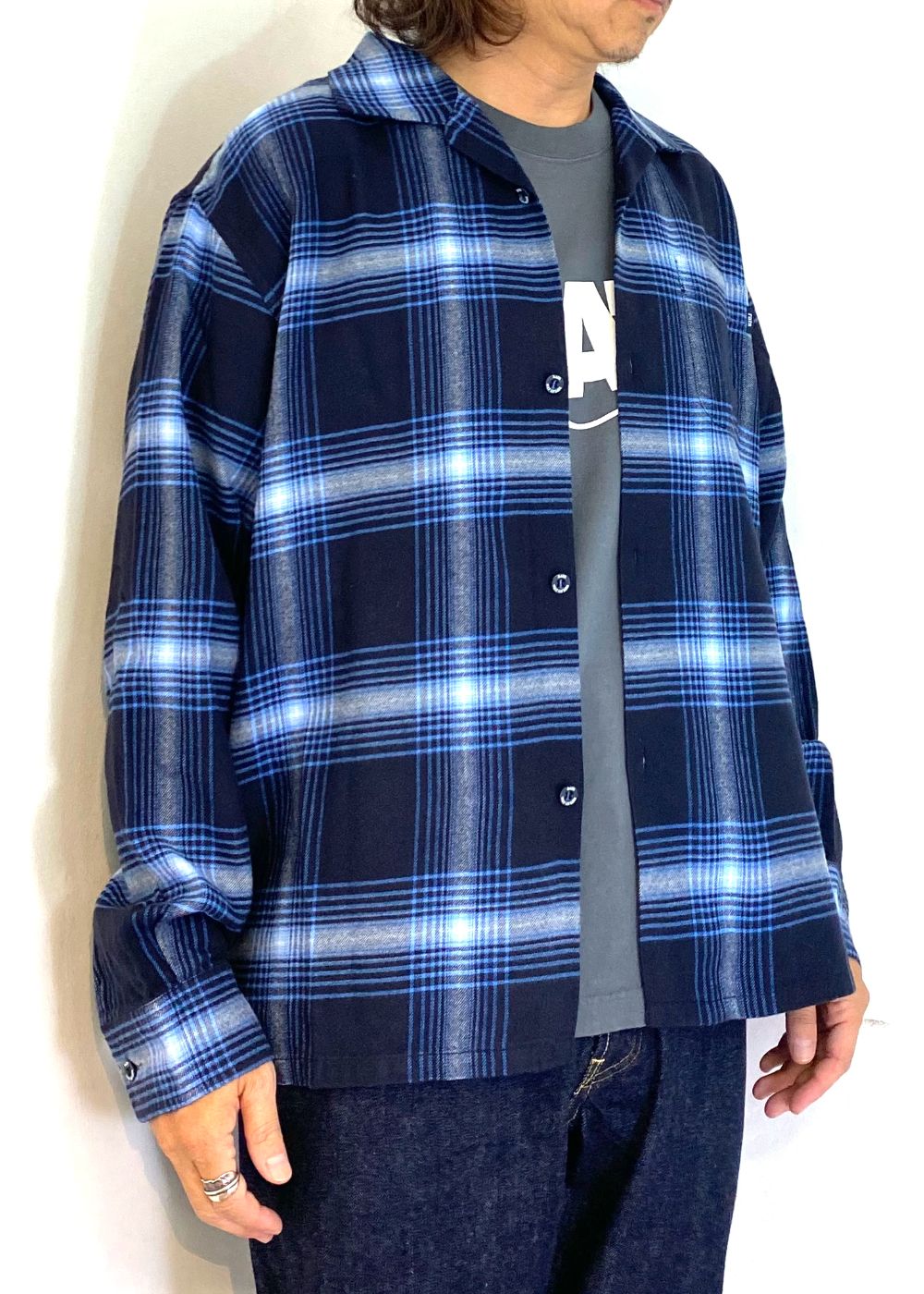 COTTON RAYON CHECK SHIRT (NAVY CHECK) / チェック コットンレーヨン ネルシャツ