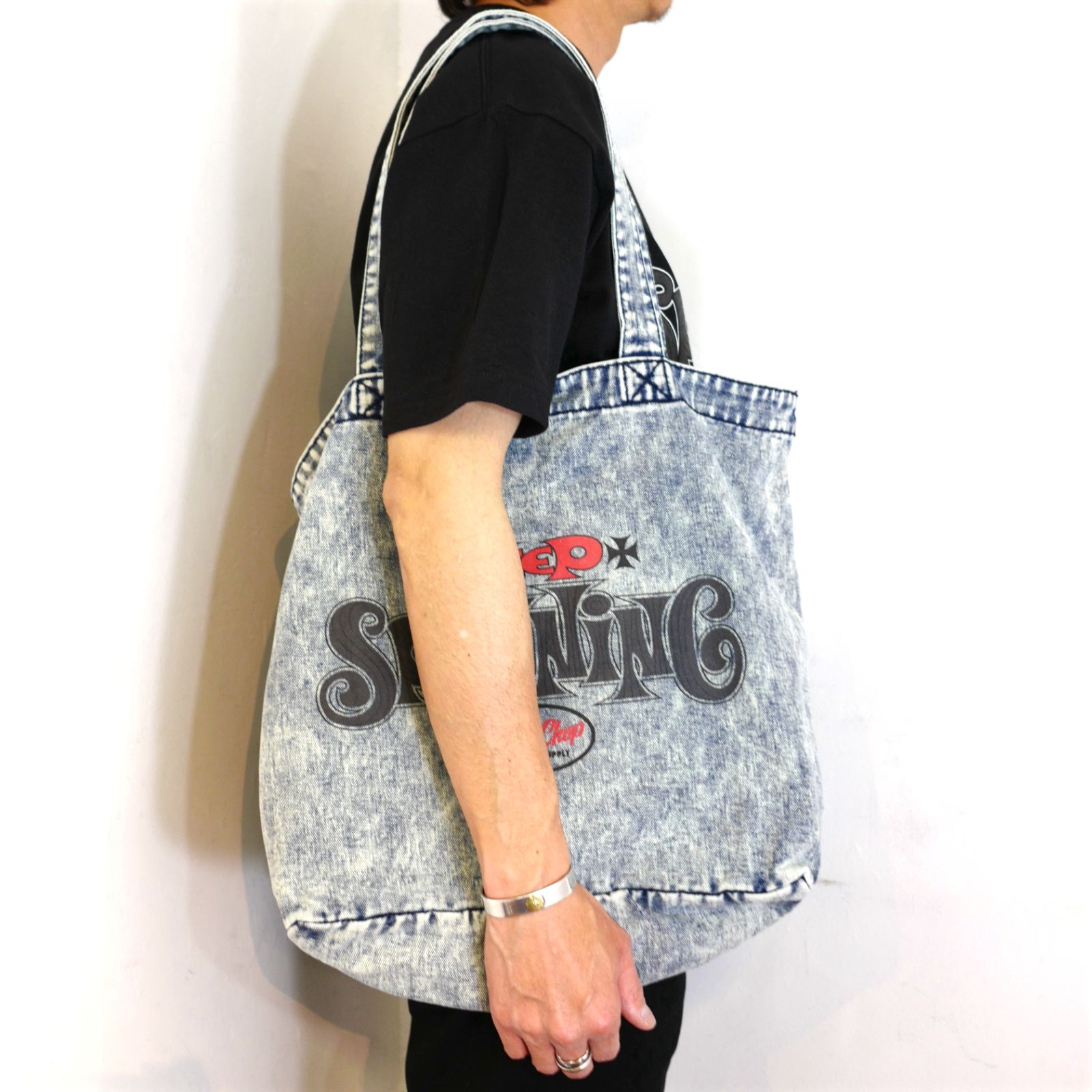 SPINNING DENIM TOTE BAG (CHEMICAL WASH DENIM) / スピニング デニム トートバッグ