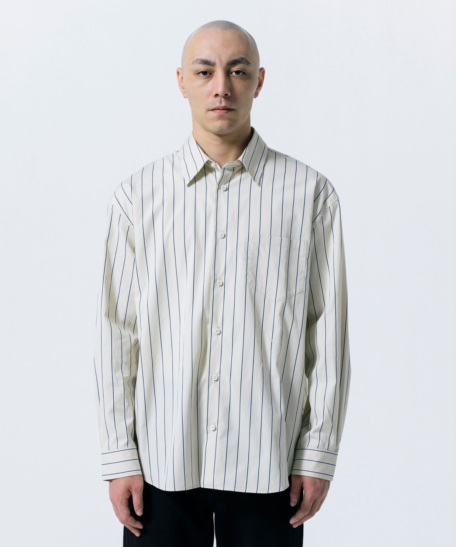 R9 STRIPE SHIRT (BEIGE) / オープンカラー ストライプ シャツ