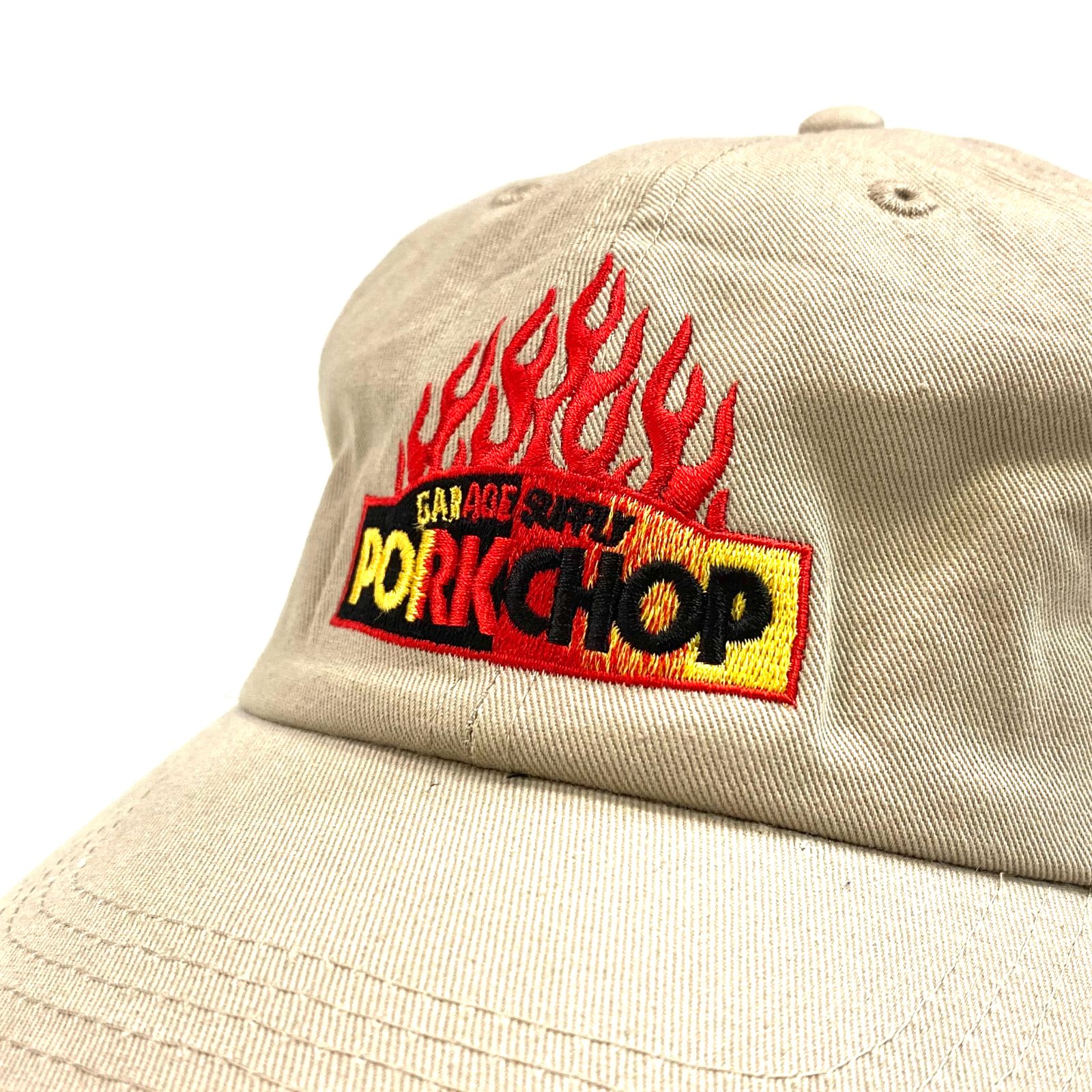 PORKCHOP - FIRE BLOCK CAP (KHAKI) / ロゴ刺繍 キャップ | LOOPHOLE